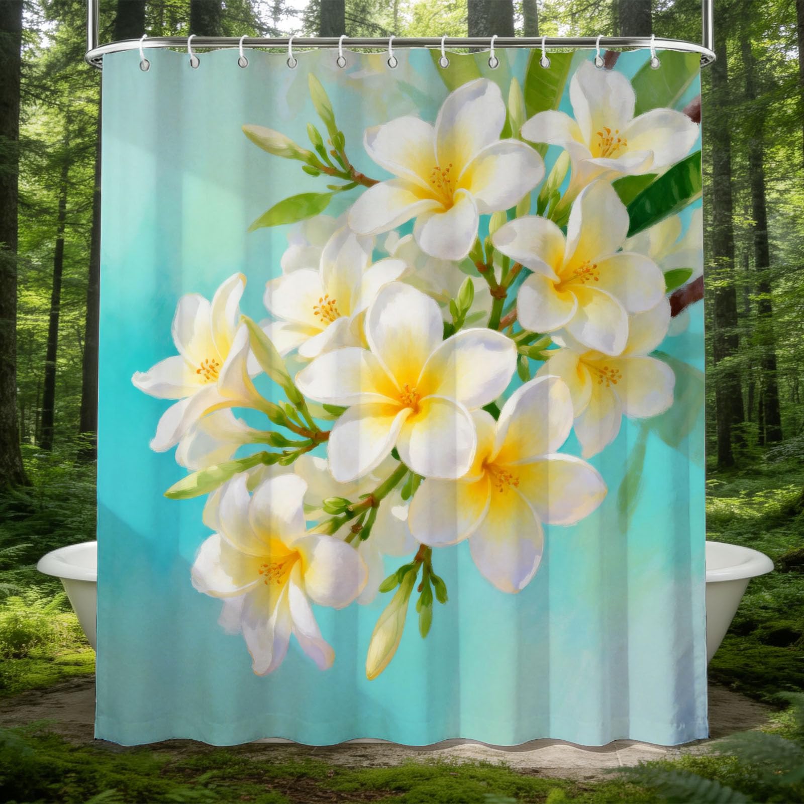 Hongduo 3D Frangipani Shower Curtain for Stalls Bathtubs Flower Illustration Bathroom Decor Shower Curtain Set Polyester Fabric Waterproof 180x180cm/71X71 Inch with Hooks