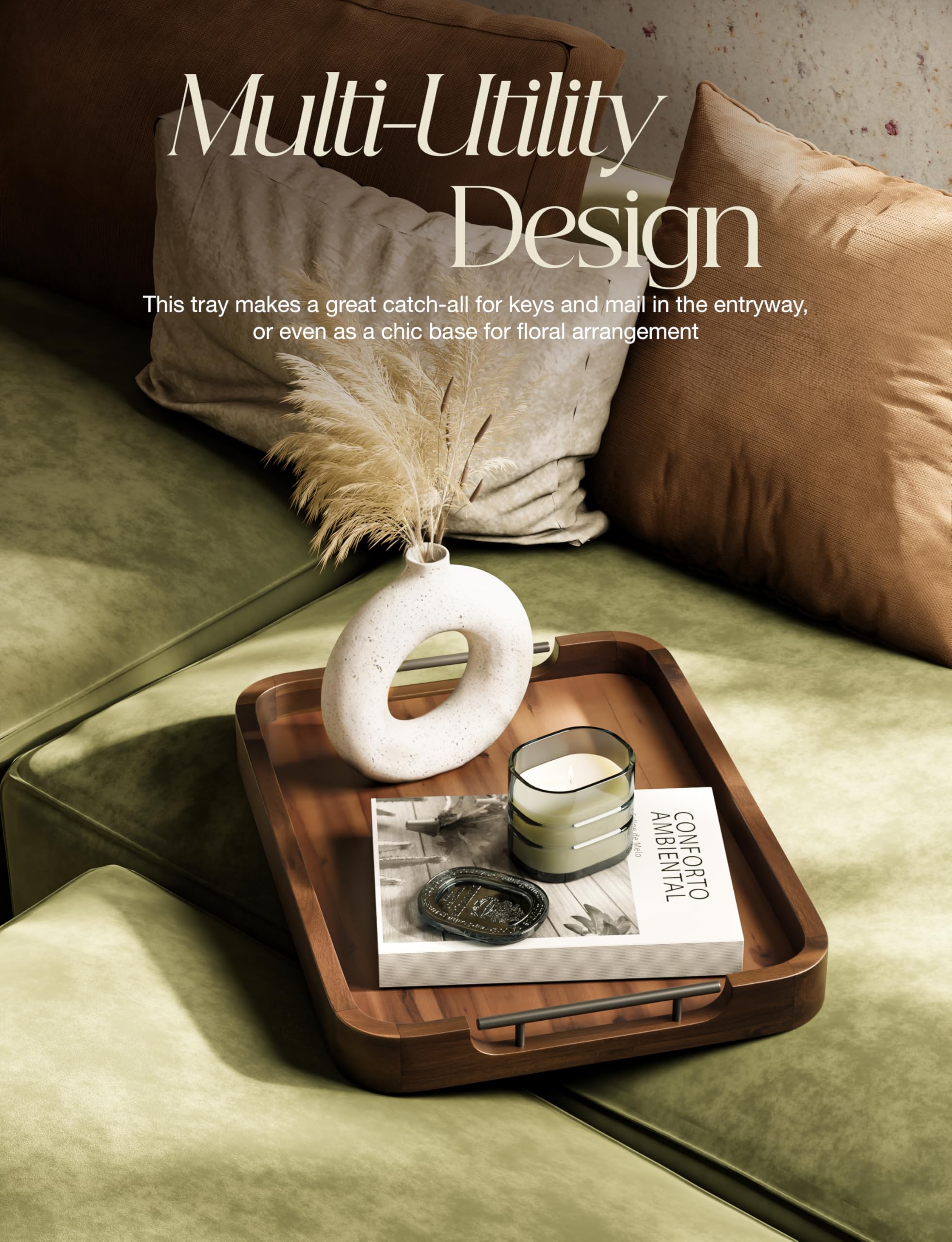 TIDITA Ottoman-Tablett für Wohnzimmer, rechteckiges Serviertablett mit Griffen, Tablett aus Akazienholz für Couchtisch, Wohnzimmer, Frühstück im Bett, dekorative Tabletts für Ottomane