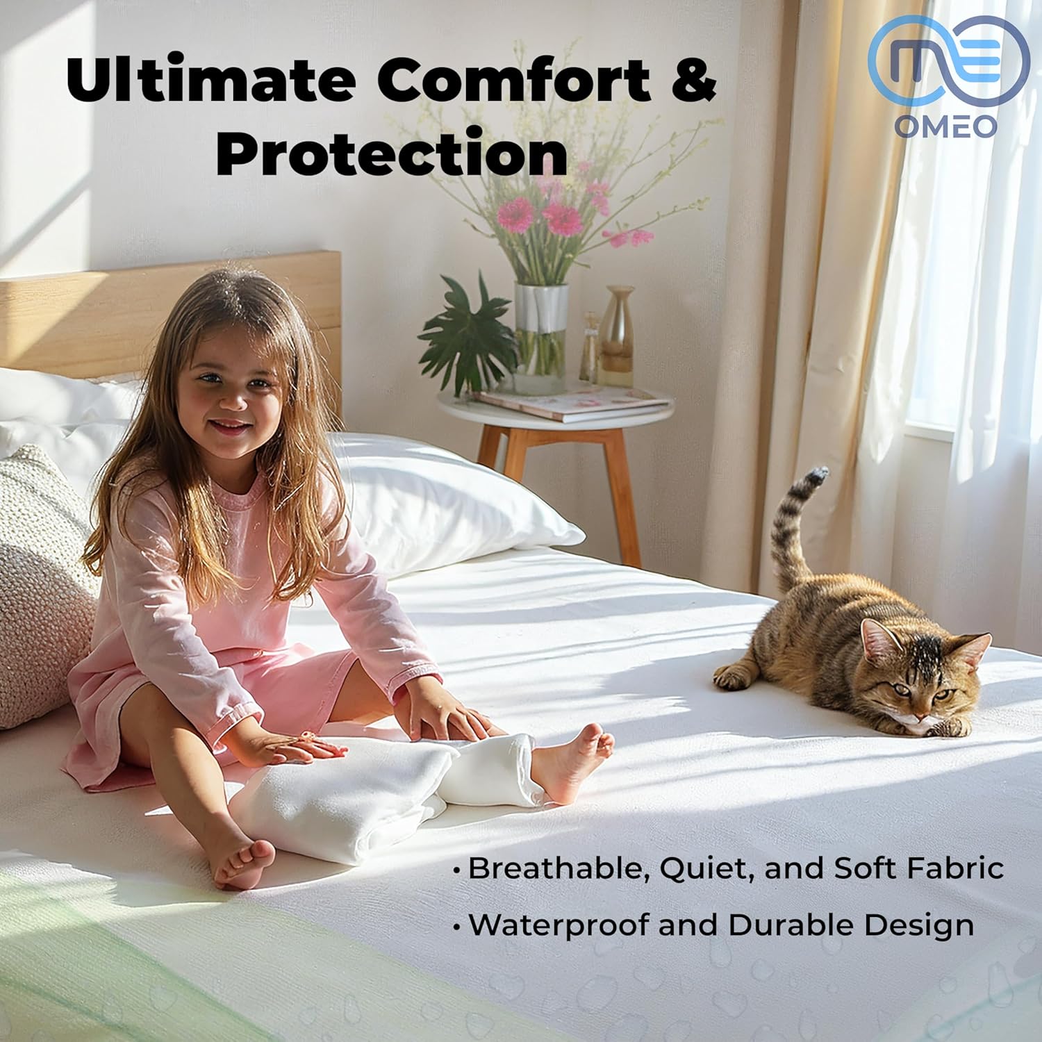 OMEO Waterproof Mattress Protector King Size Mattress Cover Protector Breathable Soft Machine Washable Cotton Mattress Cover for Bed