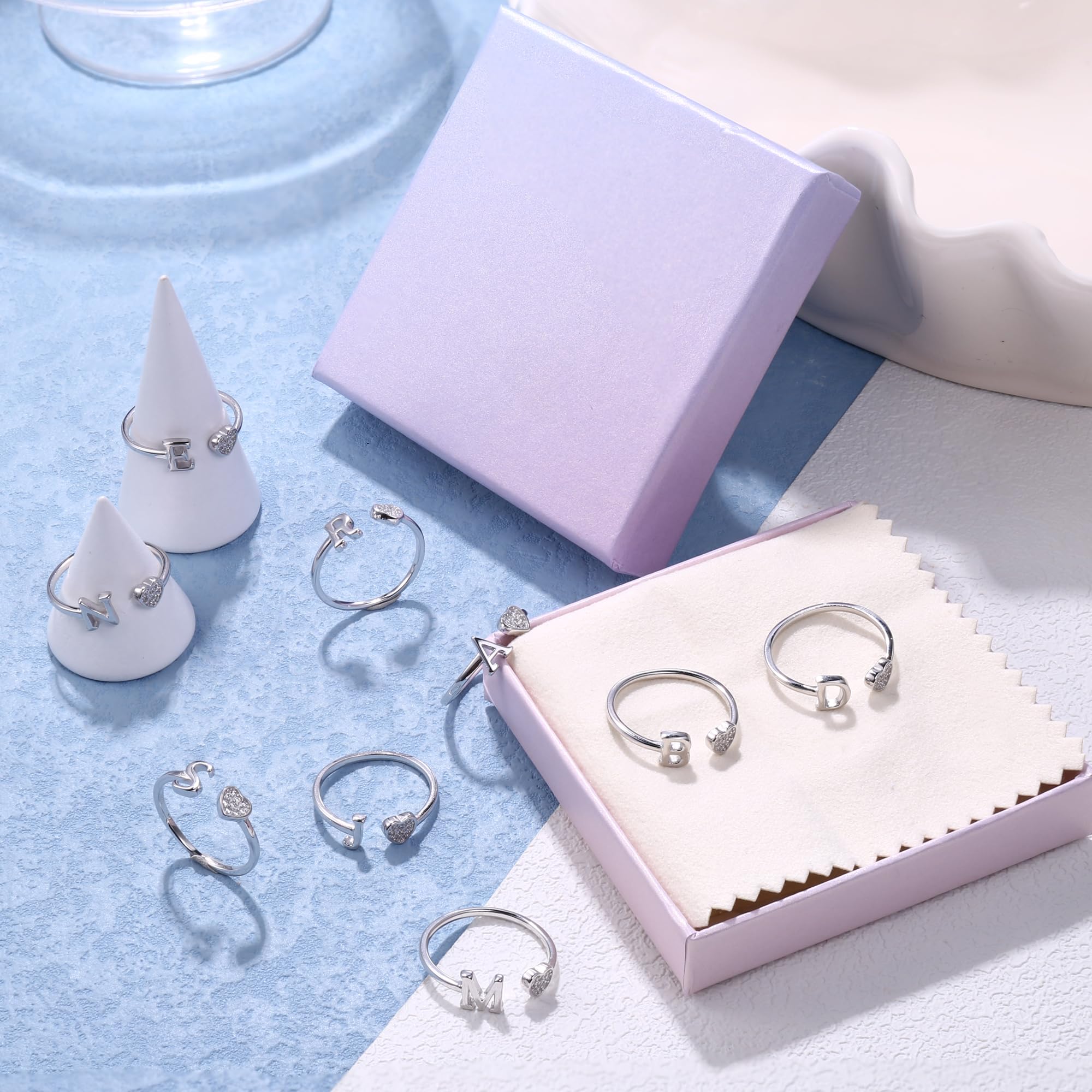 JeweBella Anelli Donna Argento 925 con Iniziale A-Z Anello Cuore Regolabili Anello di Promessa Anello Fidanzamento FEDI Nuziali Anelli Mignolo Anelli Pollice Donna Ragazza Gioielli con Scatola Regalo