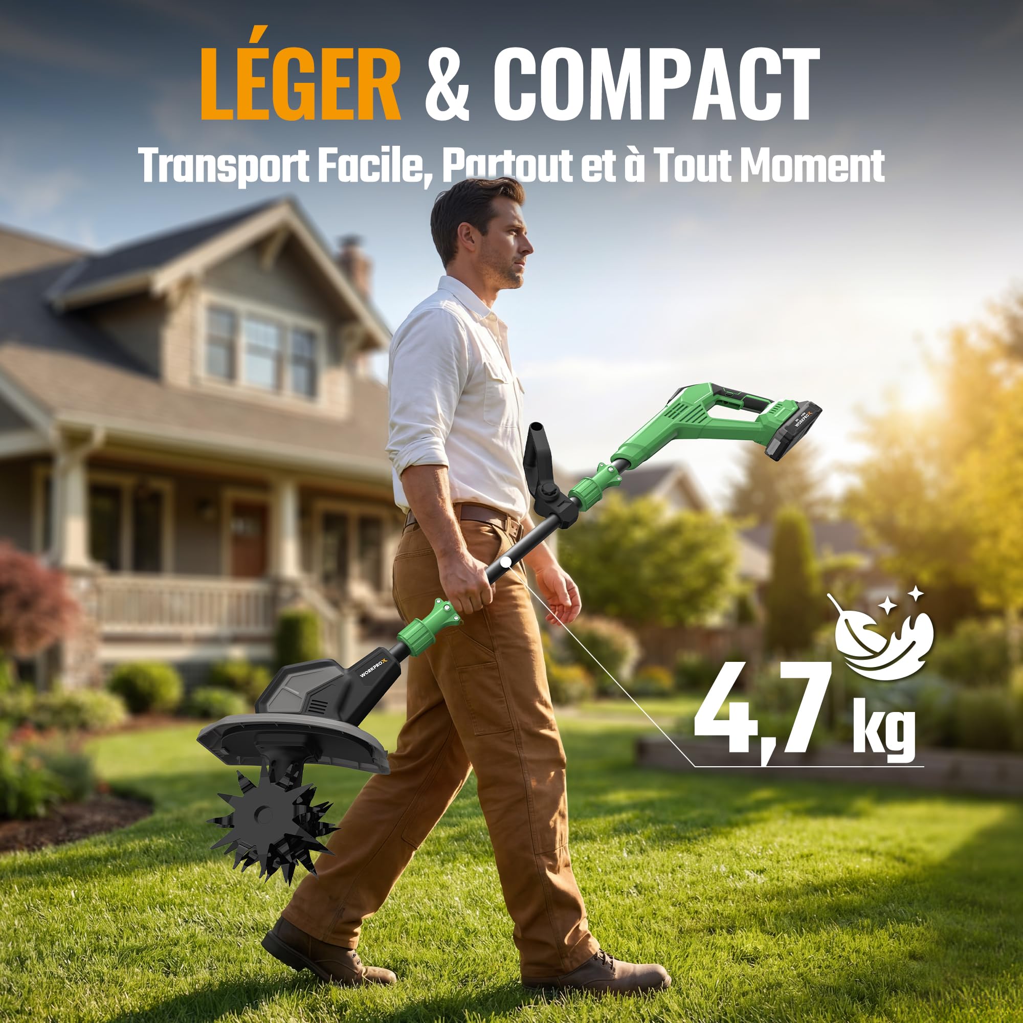 WORKPROX Motobineuse Électrique sans Fil 20V, Mini Cultivateur Électrique, Largeur/Profondeur 20 cm, 280 tr/min, Batterie 4,0 Ah, Légère 4,7 kg, Cultivateur Compact pour Jardin et Entretien du Sol