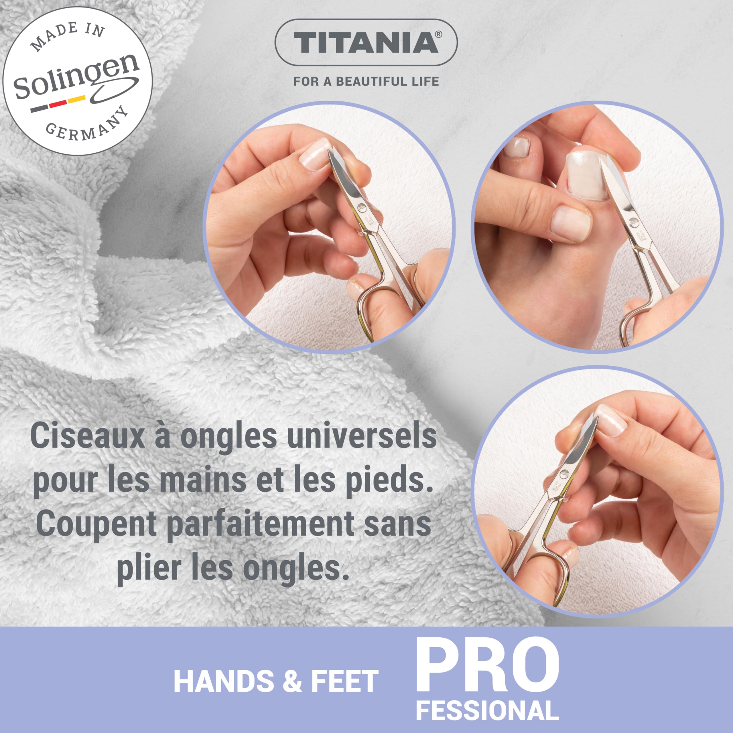 TITANIA Ciseaux à Ongles Solingen (9,5 cm) • Courbés et Extra Tranchants • Pour une manucure professionnelle • Acier au Carbone • Fabriqués en Allemagne