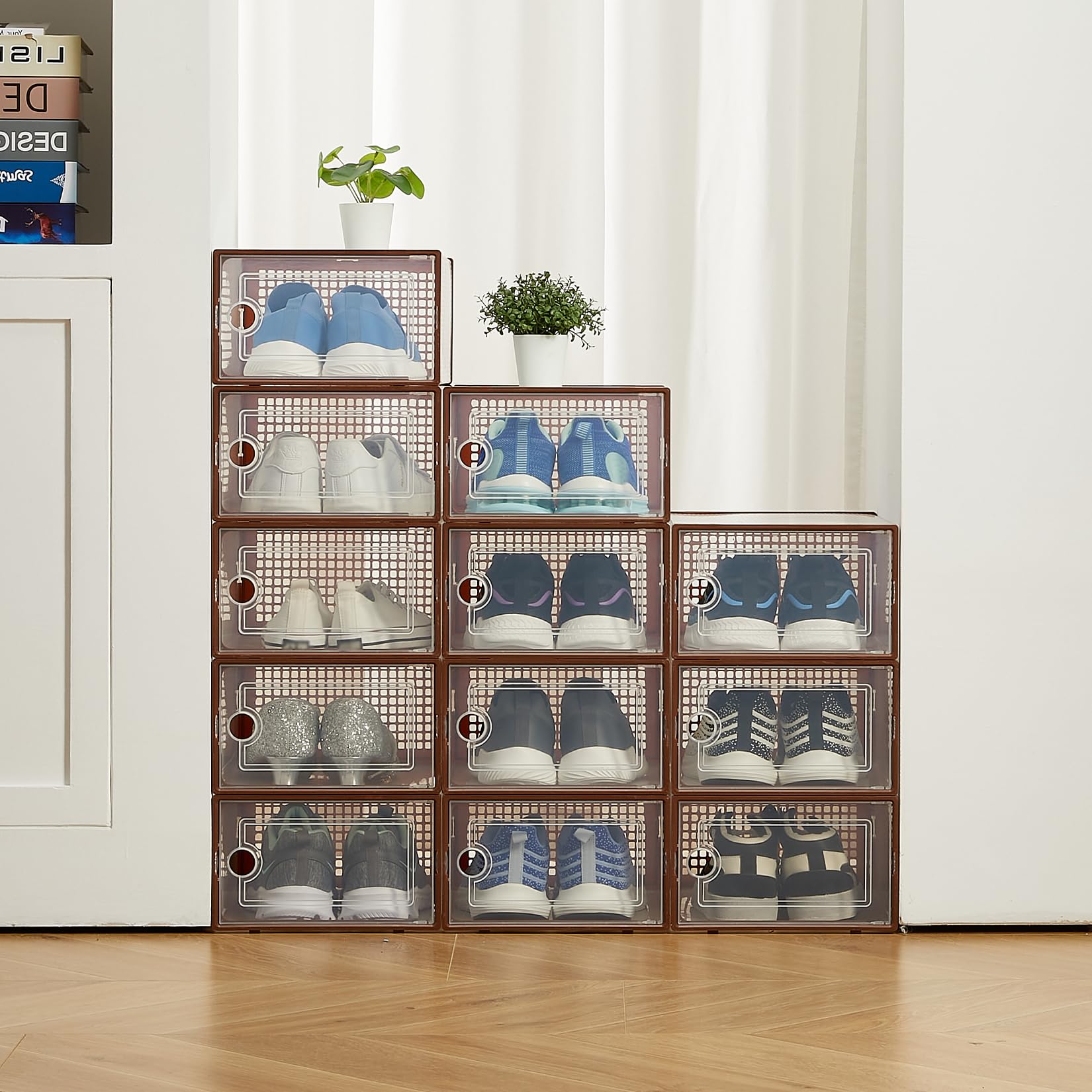 Aptliton x-Large Foldable Shoe Storage Boxes Fit Most Footwear, Clear Plastic Stackable Shoe Organizer Bins for Closet Entryway Under Bed, 12 Pack Available in Brown