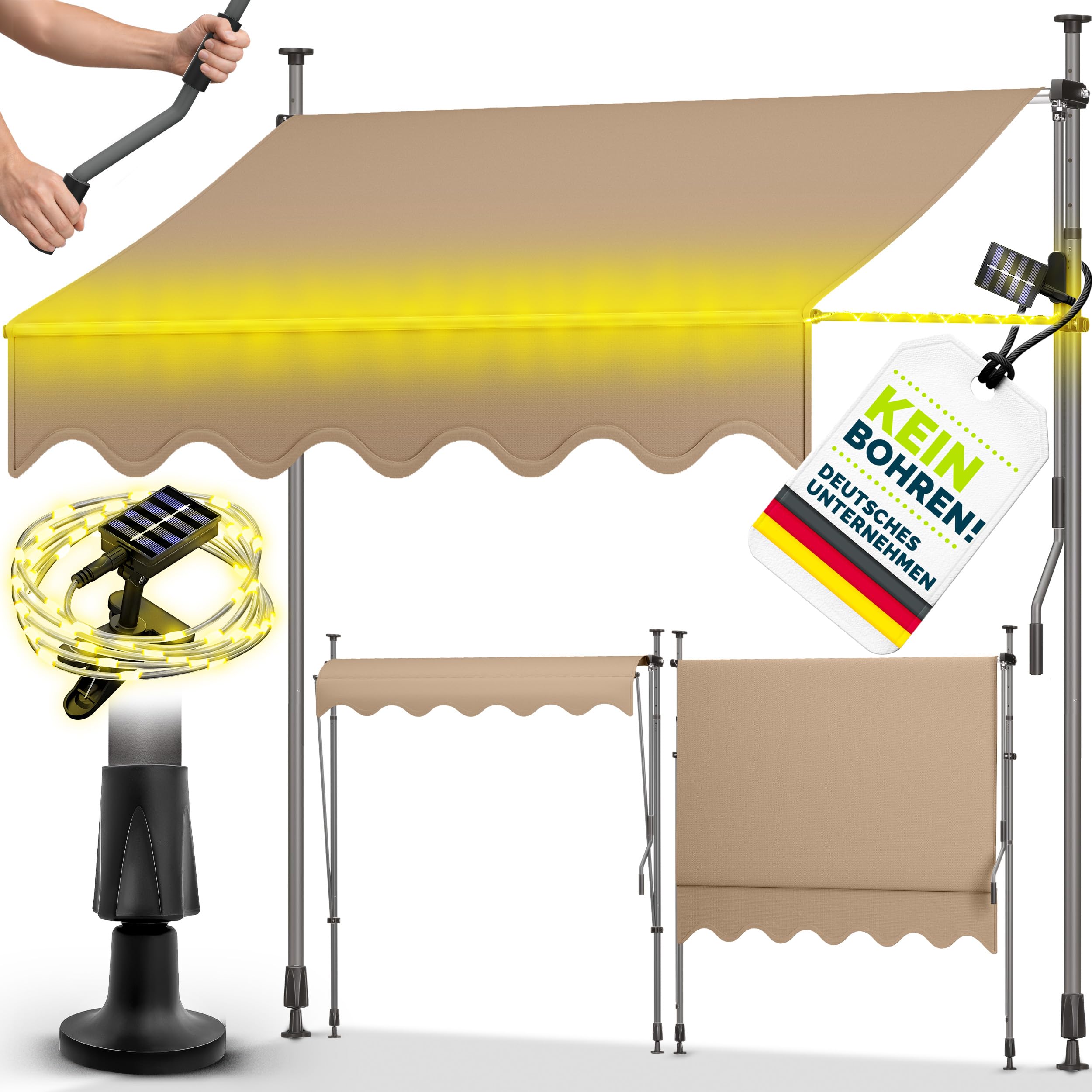 tillvex Klemmmarkise mit Handkurbel & LED Lichterkette Balkon | Balkonmarkise ohne Bohren | Markise UV-beständig & höhenverstellbar | Sonnenschutz Terrasse & Garten wasserdicht (Taupe, 350cm)