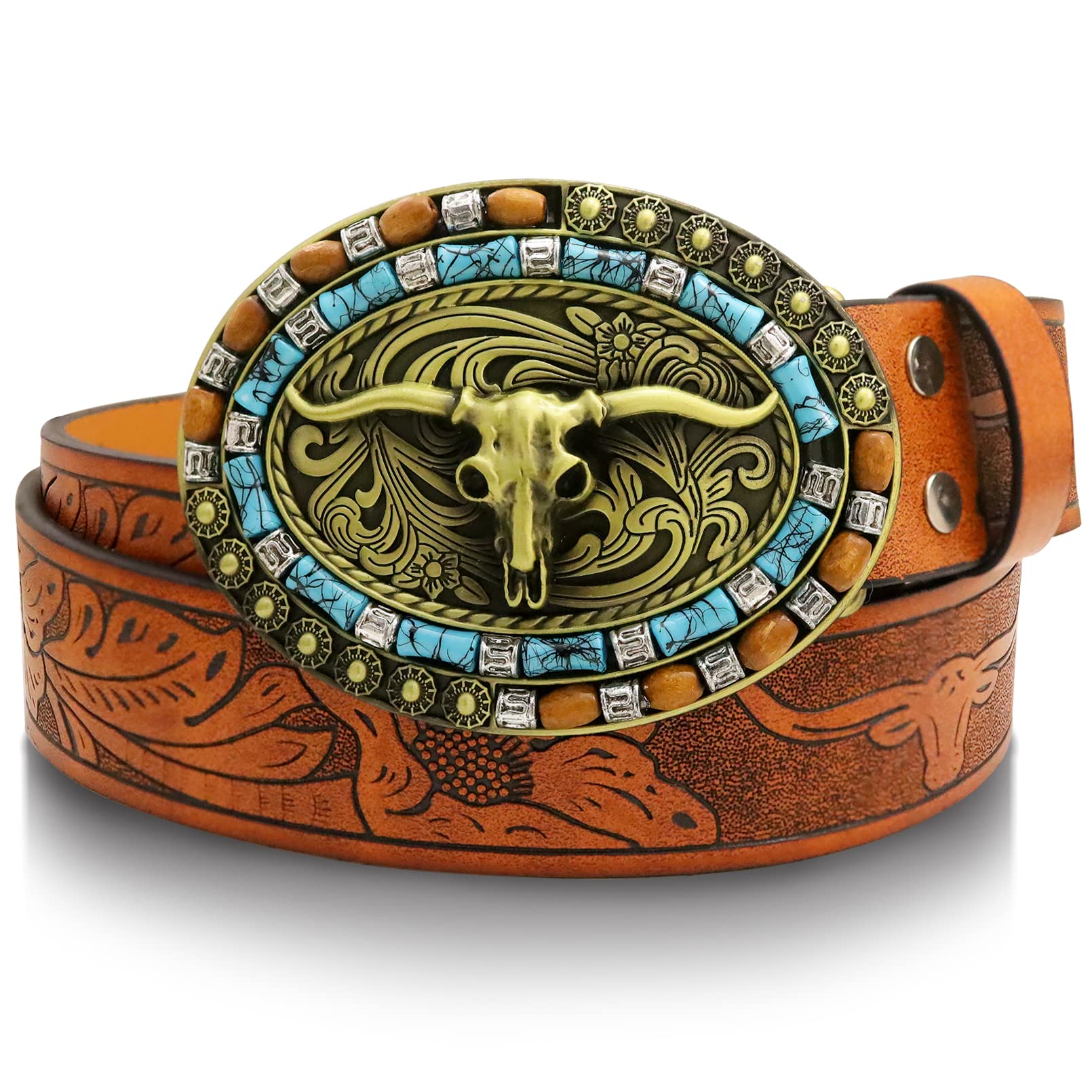 RechicGu Mens Western Leather Buckle Belt, Bull Head Engraved Brown Cowboy Belts With LongHorn Bull Buckles, 1-1/2 Inch Wide