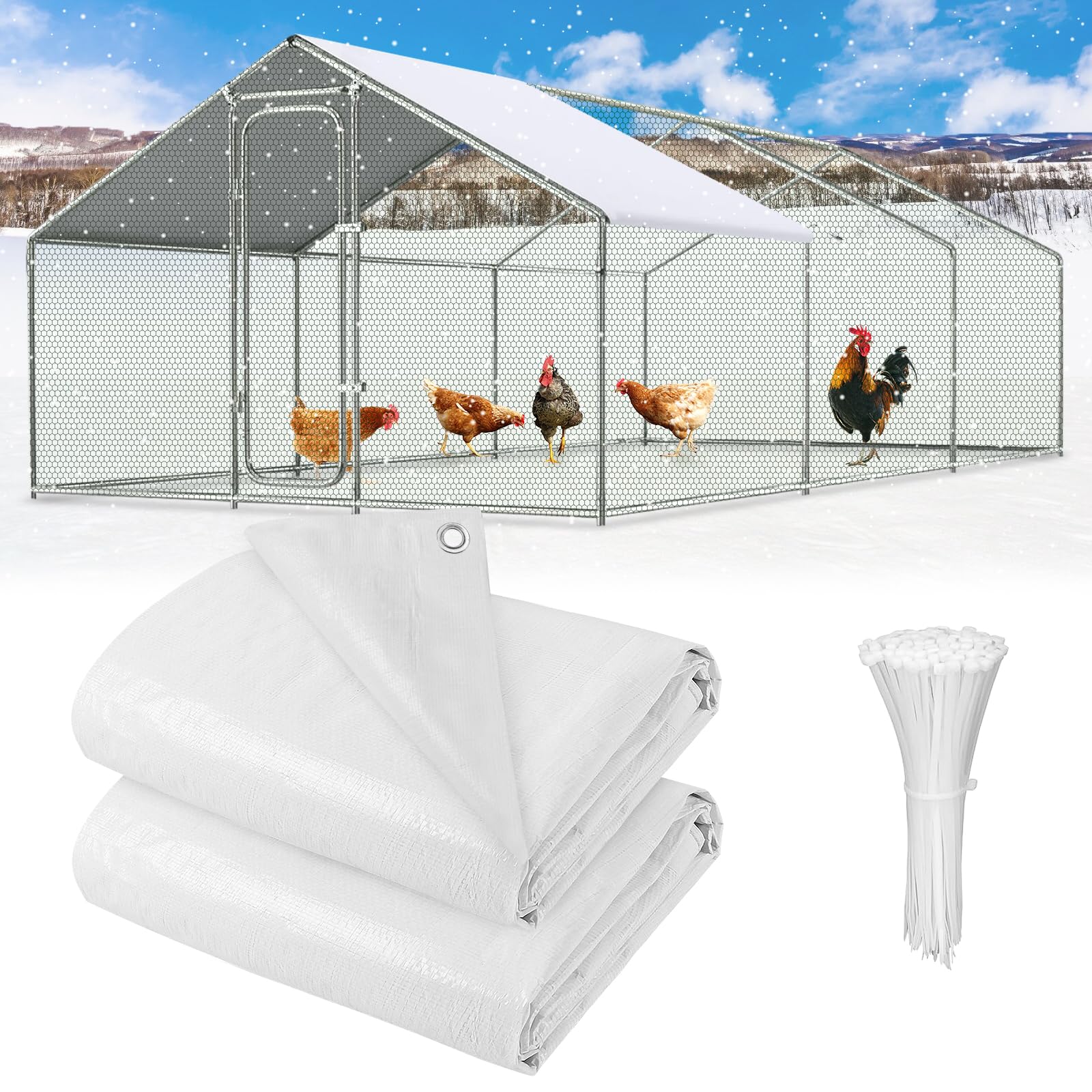 UNIFAMILY 2pcs Chicken Coop Cover for Winter, 11.1x6.2 Ft White Chicken Coop Tarp Cover Waterproof, Chicken Run Tarp for Insulation Coop, Windproof