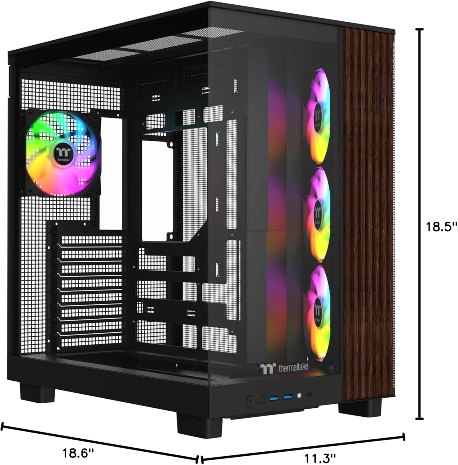 Thermaltake View 380 XL WS ARGB; Mid Tower Chassis; Side Wood Trim; 4x120mm ARGB Lite Fans Included; 420mm GPU Clearance; ATX/mATX/mITX; Hidden Connector Support; Dual Chamber; Black; CA-11E-00M1WN-WS