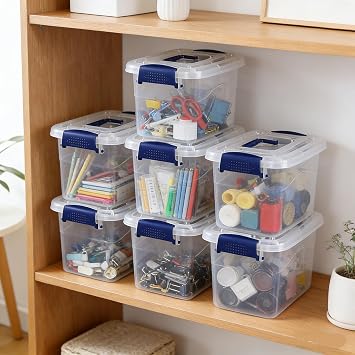 6 Packs 5L Plastic Storage Box, Small Storage Organizer Bin, Clear | Stackable Storage Boxes with Lid, Space-Saving for Pantry, Closet, Bathroom, Office
