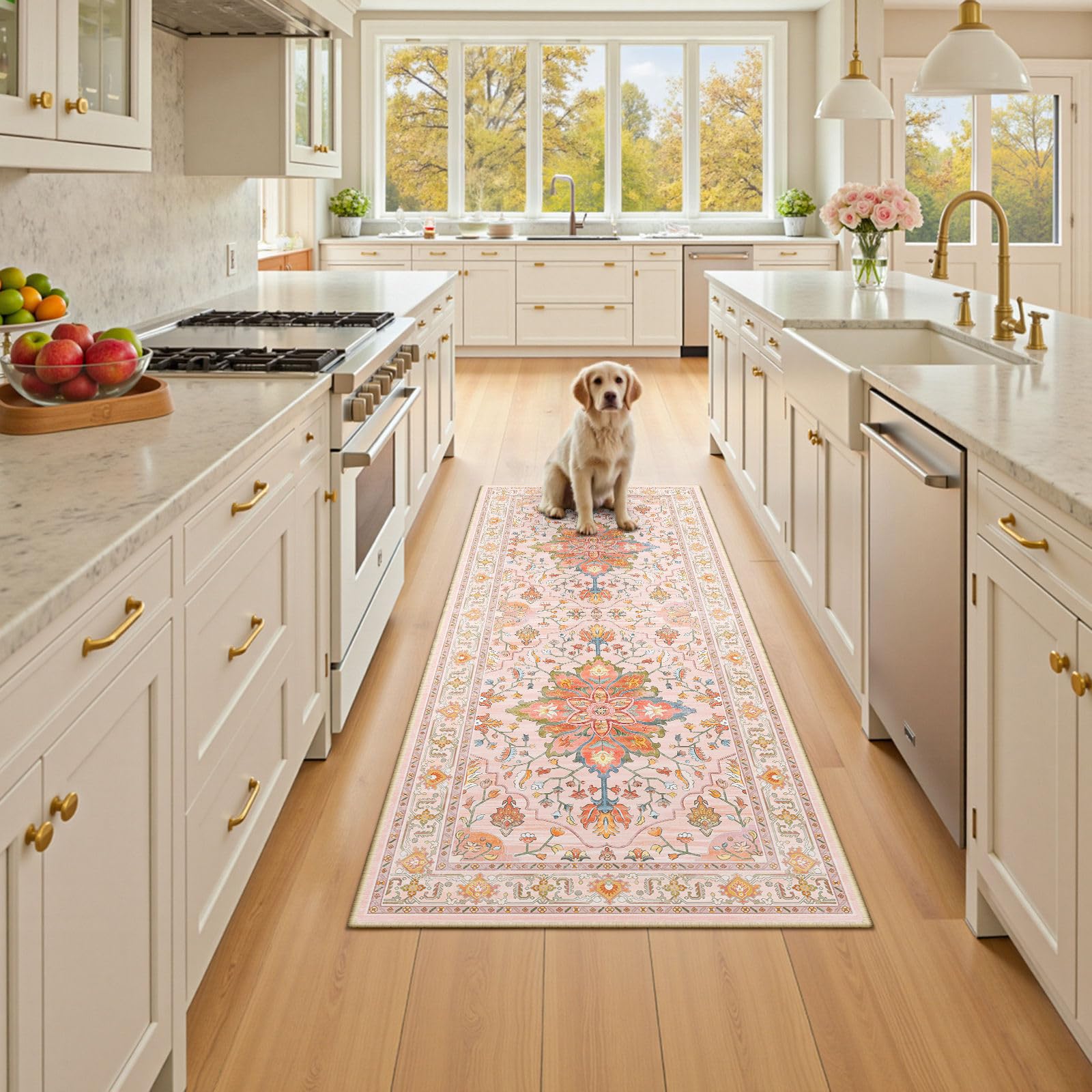RELEANY Washable Area Rug, Runner 3'x7', Pink/Light Pink/Colorful | Non-Slip, Water Repellent, Pet Friendly, Easy to Clean, Vintage Floral Boho Decor for Kitchen Entry Bedroom Bedside Laundry