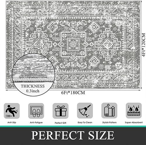 Miniatura 3 de Pauwer Alfombra vintage de 4 x 6 pies, antideslizante, no desprende pelusa, lavable de pelo bajo, para puerta, entrada, cocina, dormitorio, sala de