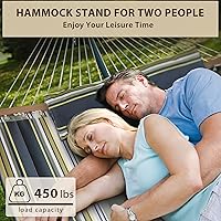 Vista 2 de Hamaca doble con soporte resistente, hamaca de patio al aire libre con soporte de acero portátil, hamacas dobles grandes (rayas azules)
