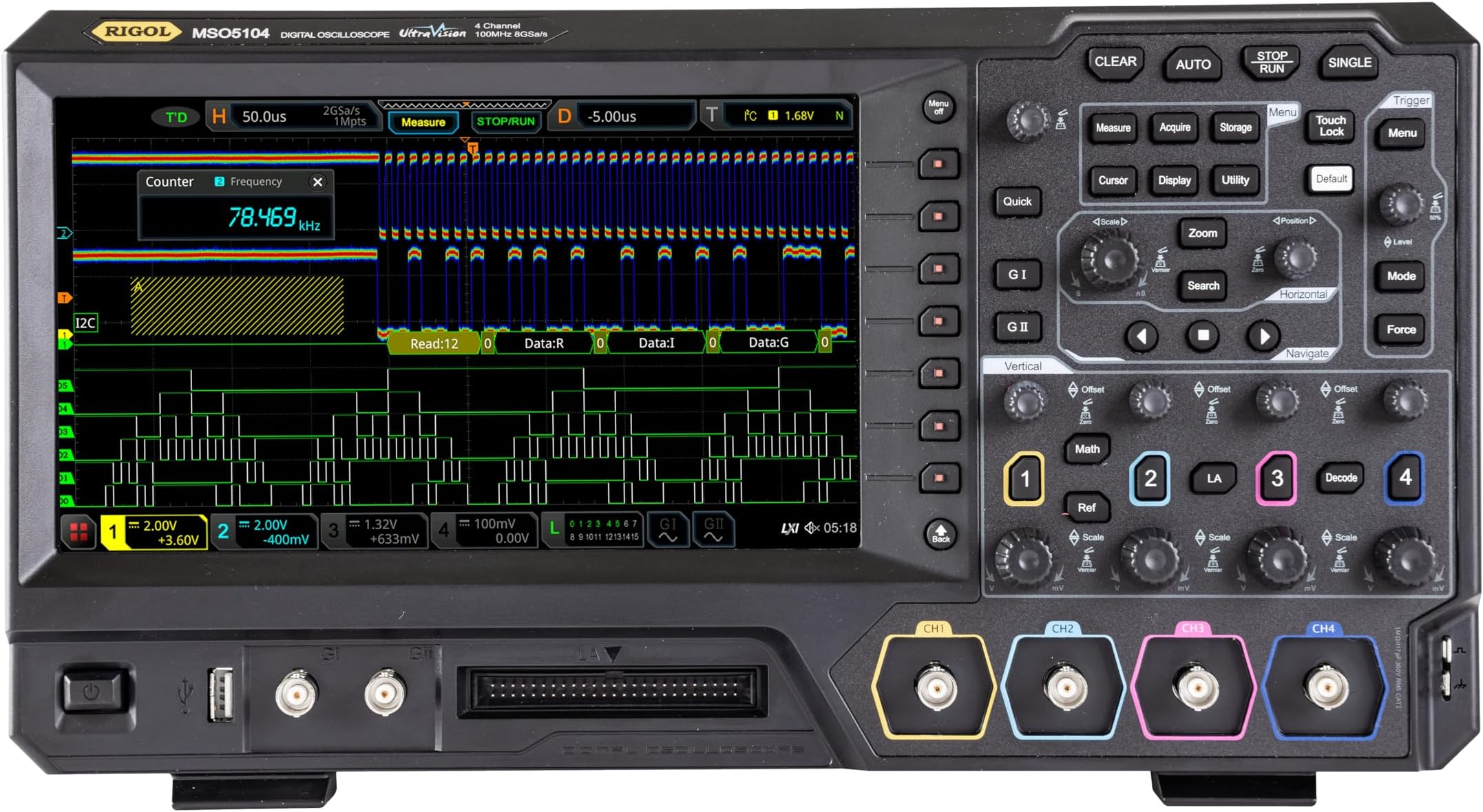 RIGOL MSO5104 Mixed-Signal Oscilloscope,100MHz,100Mpts,8GSa/s,4 analog channels,16 digital channels, MSO5000-BND included