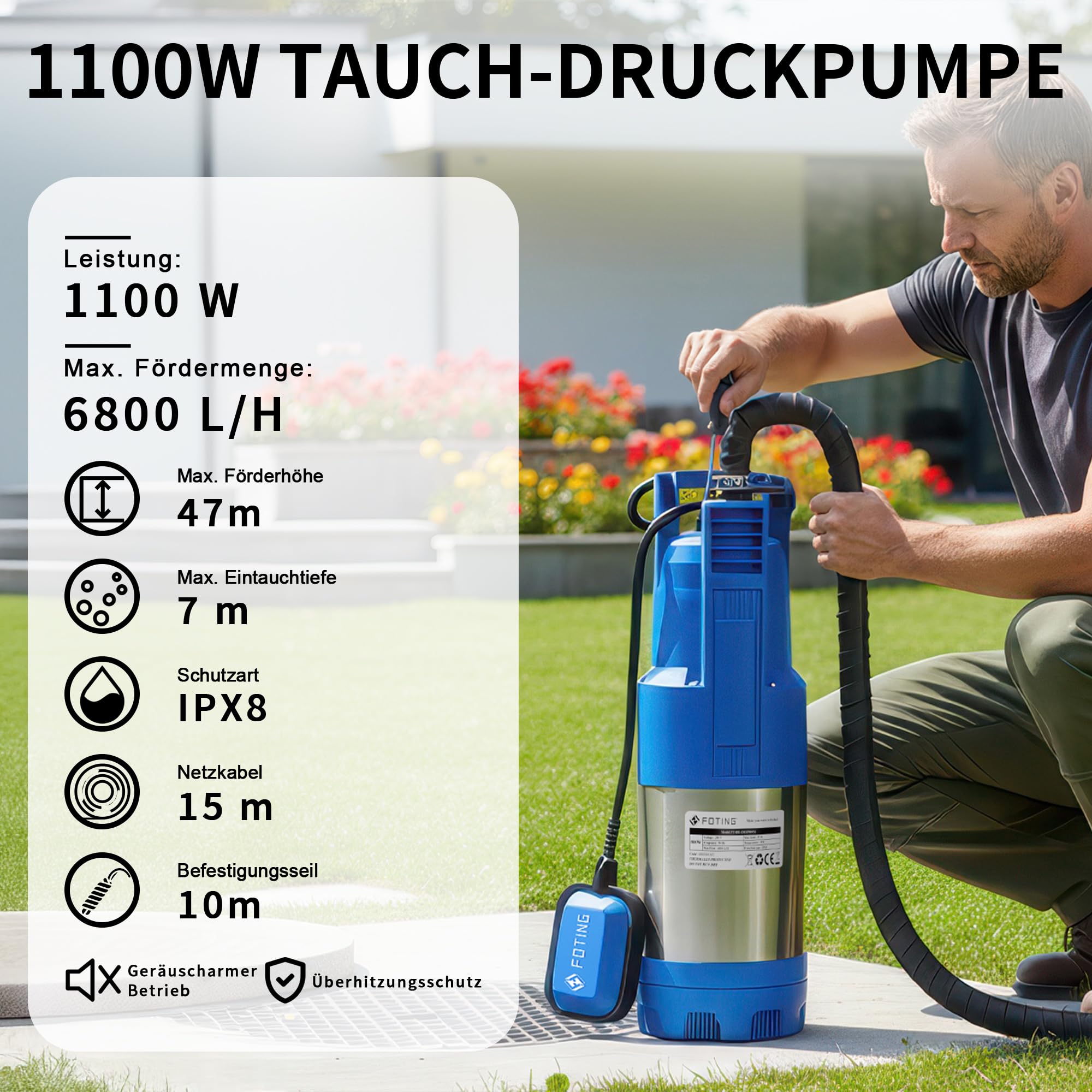 FOTING Tauch-Druckpumpe 4 inox, 1100W Tauchdruckpumpe mit 6800 l/h Fördermenge, Förderhöhe max. 47 m, Eintauchtiefe max. 7 m, integrierter Schwimmerschalter, für Schächte, Zisternen, Garten