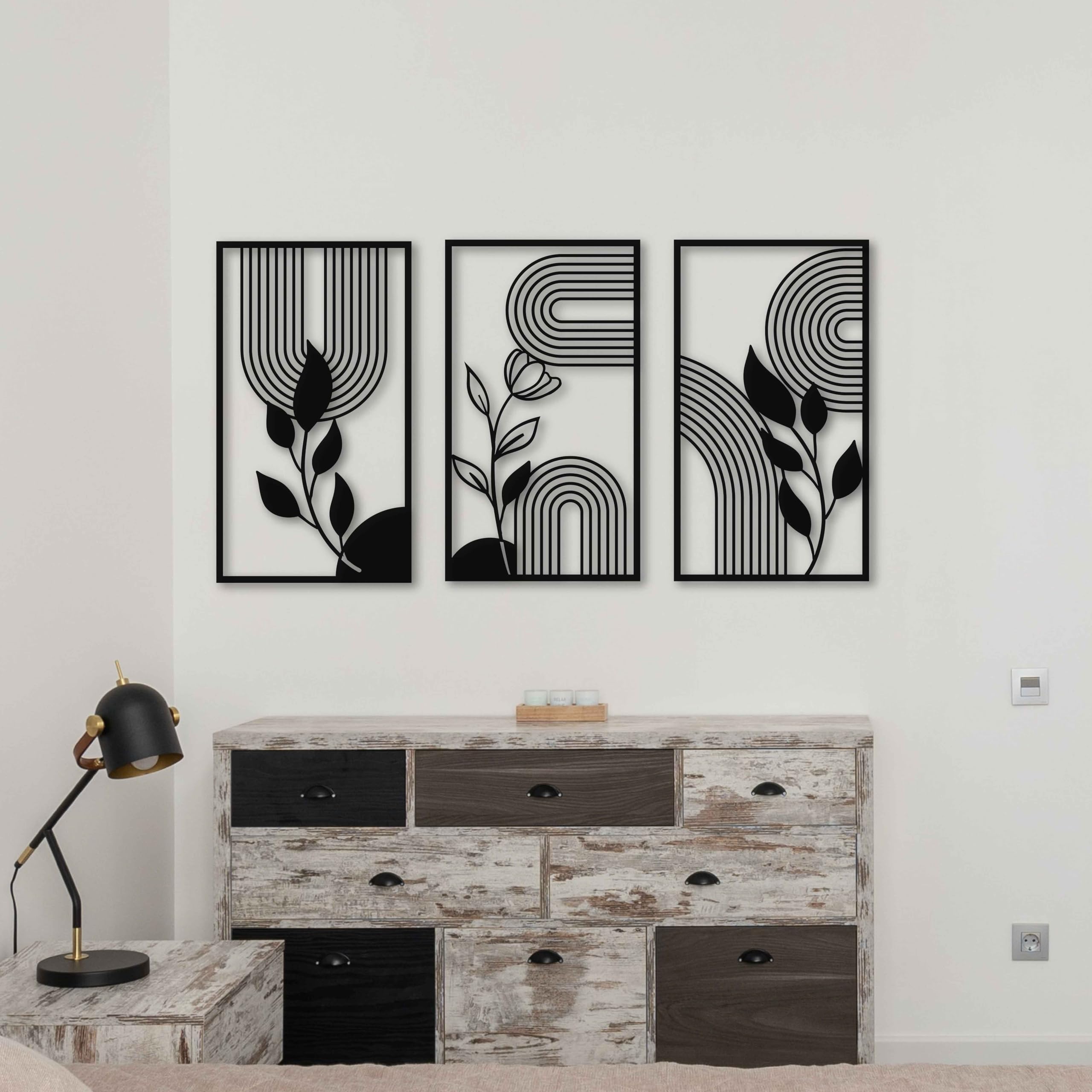 KAWA METALWORKS Moderne Metall-Wandkunst, florale Mitte des Jahrhunderts, moderne Wanddekoration über dem Bett, Blättern und Blumen, Boho-Wandkunst, ästhetisches Geschenk für Zuhause