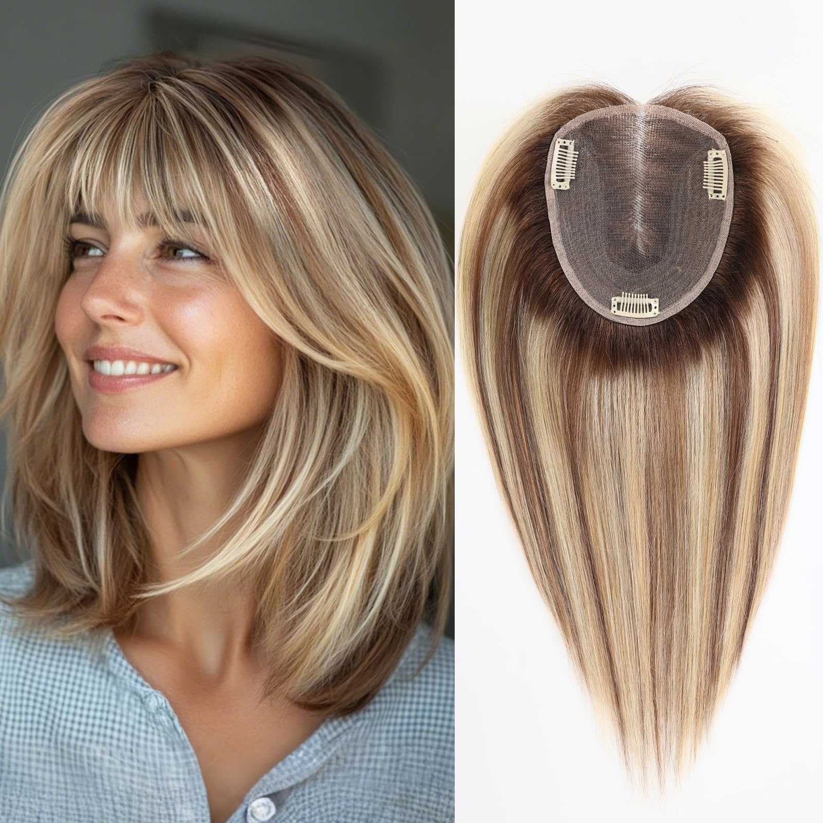 starluck 6x5 inch Large Swiss Base SilkHug 14 Inch Real Human Hair Toppers,60 Gram, 100% Real Human Hair Toppers for Women with thinning (Ash Blonde Mixed Brown, with Bangs) 2T613/M6/16A#