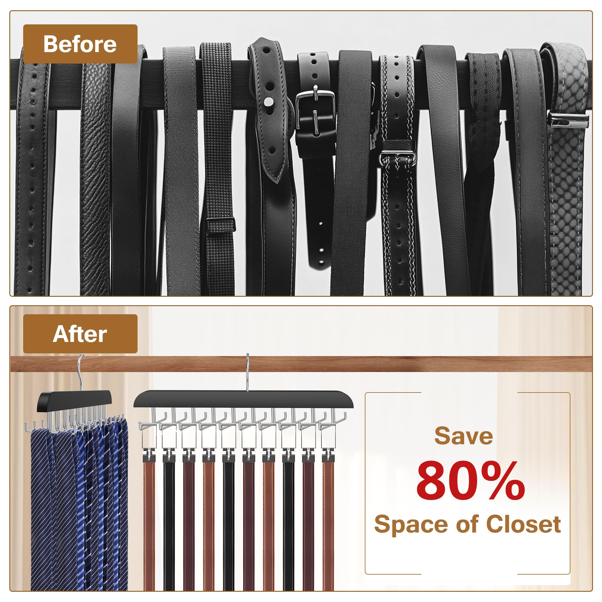 Percha para corbatas para armario, 2 en 1 con 20 ganchos plegables, organizador de corbata de madera giratorio de 360 grados para hombres, corbatas, cinturones, bufandas, camisetas sin mangas