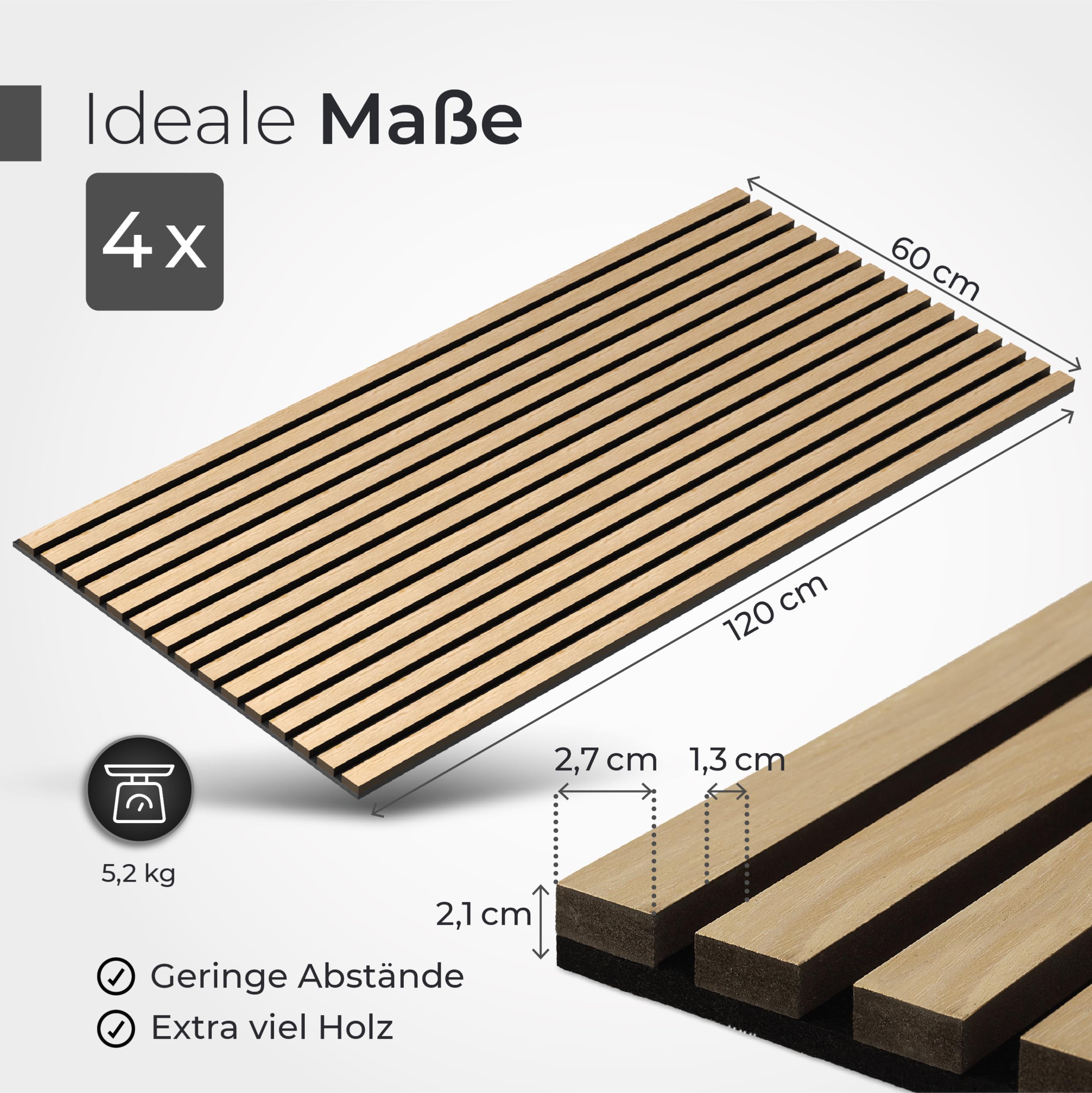 Akustikpaneele Holz - 120x60cm - Echtholz Eiche & Akustikfilz | 4 Stück - Wandpaneele, Schalldämmung, Wandverkleidung - Eichenholz (dunkel) & extra dicker Akustikfilz (Schwarz)