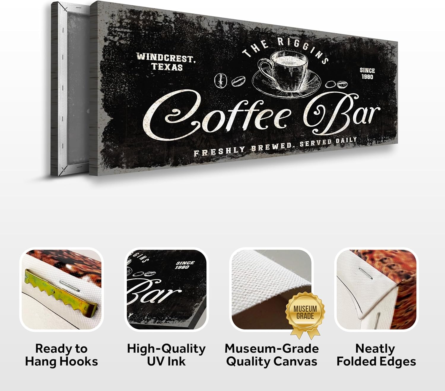 Tailored Canvases Custom Coffee Bar Sign - Small and Large Canvas Wall Art Decor Signage for Home, Kitchen, Coffee Station, Business and Office - Personalized Rustic, Classic Espresso Cup, 36x12in