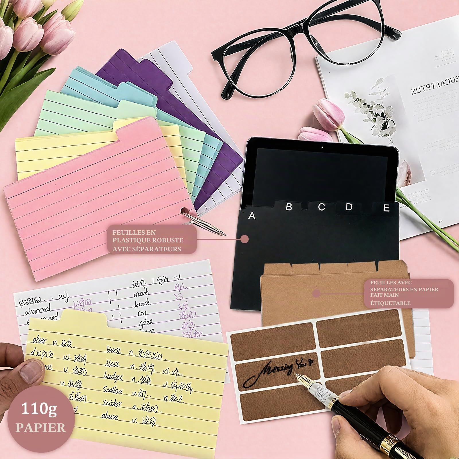 Boîte à Fiches de Rangement avec 150 Fiches Blanches, 15 Index Cards, 6 Anneaux pour l'École