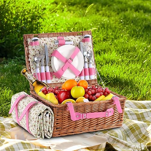 Miniatura 3 de Cesta de picnic de mimbre para 4 personas con manta de picnic impermeable y enfriador aislante, cesta de sauce para camping, al aire libre, sesión