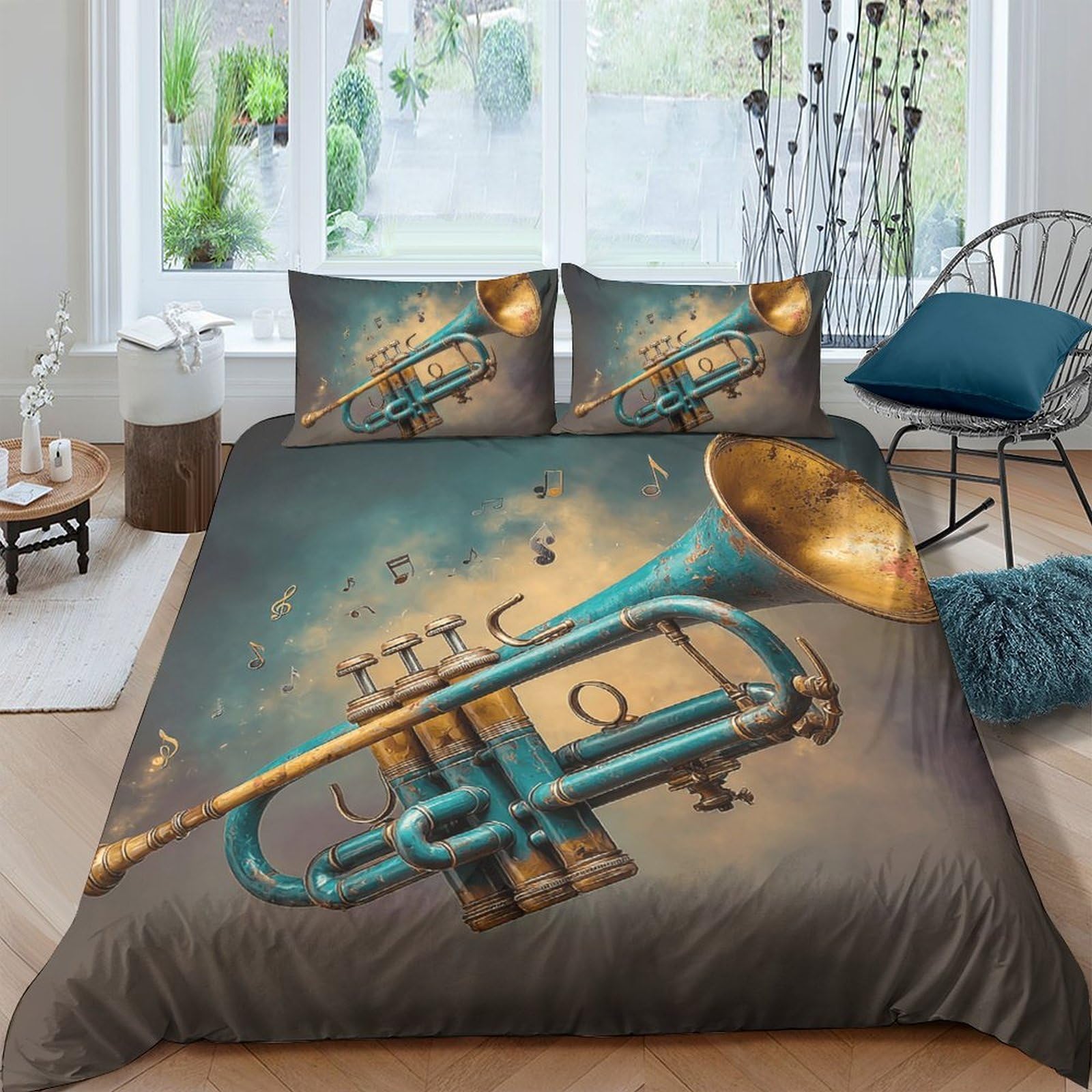 Ctjqhvkz Style-3 3D Printed Jazz Trumpet Fitted Sheet Microfiber Soft Breathable Musical Notes Mattress Cover For Bedroom Dorm Single（135X200cm）