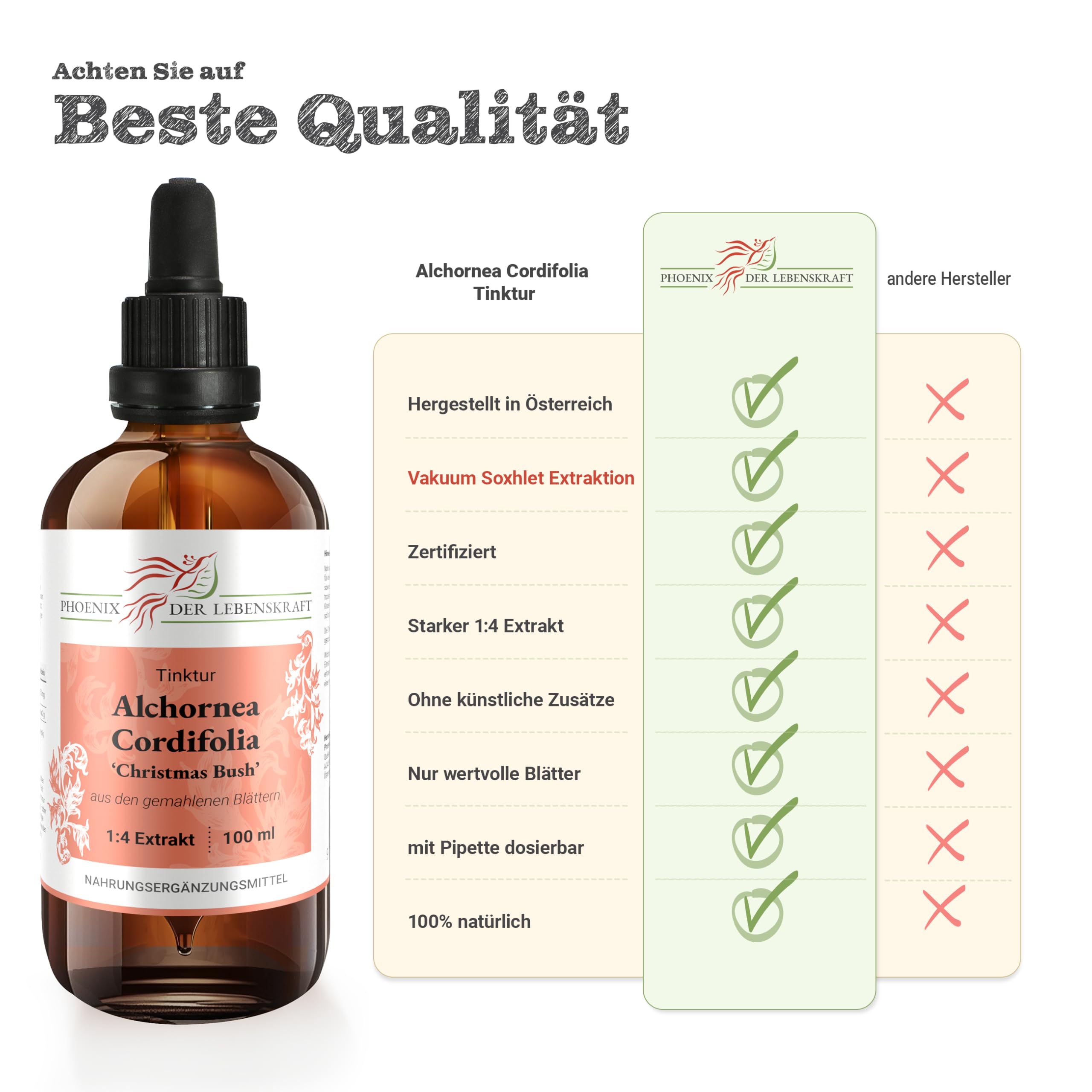 Alchornea cordifolia Tinktur 100ml | Christmas Bush Tropfen (1:4 Auszug) | Nahrungsergänzungsmittel aus Österreich | mit gemahlenen Blättern | Bitter Leaf, Ipa, Serpentwood