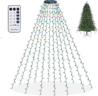 Dazzle Bright Christmas Tree Lights, 448 LED Waterfall Tree Topper Lights with Remote & 8 Lighting Modes, 8.2FT X 16 Lines Christmas Light for Outdoor Yard Party Xmas Trees Decoration Multi-Colored
