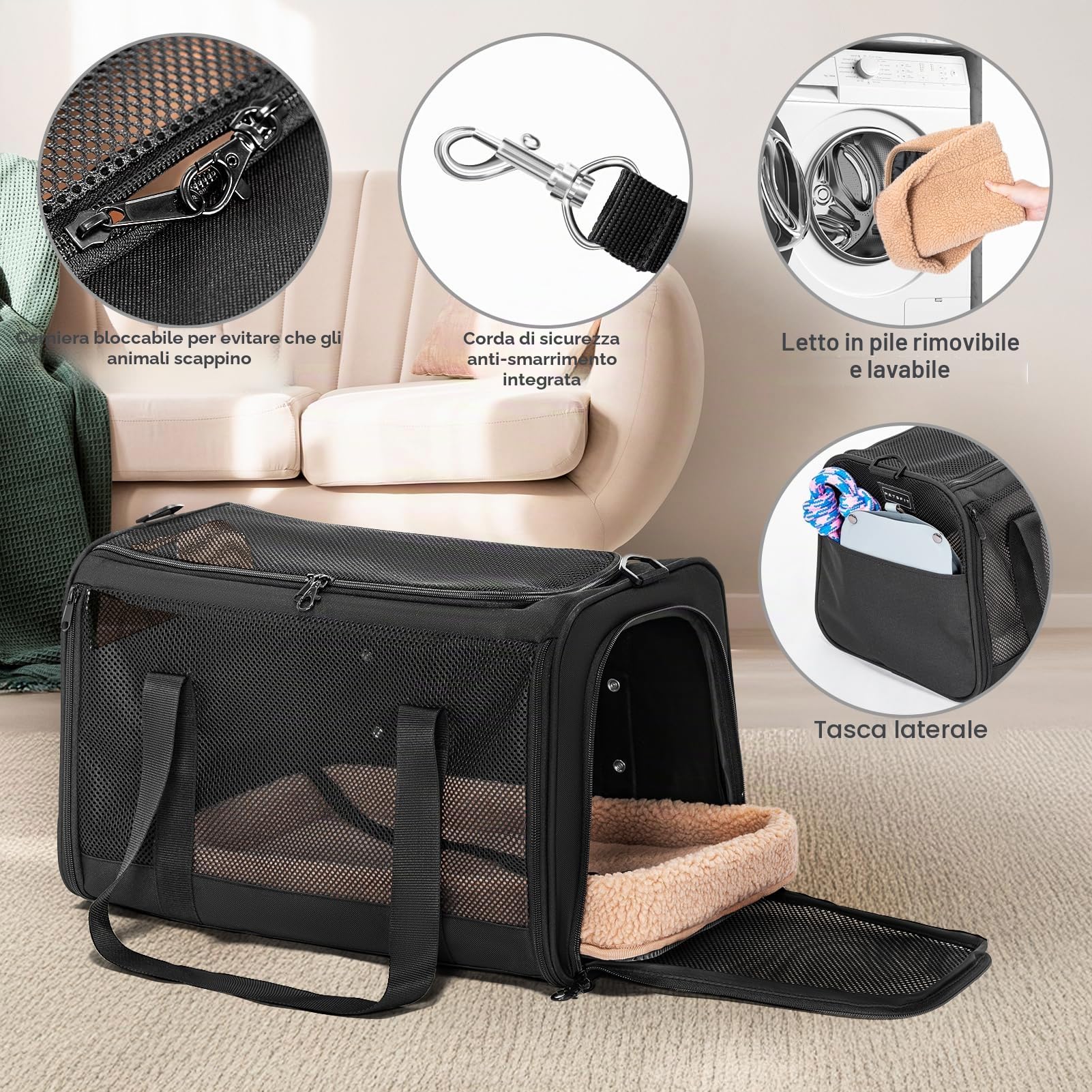 Petsfit Trasportino per Gatti con Fibbia di Sicurezza Brevettata – Sedile Auto per Gatti a Prova di Fuga con Cerniera Bloccabile e Imbracatura Anti-Perdita, Trasportino Sicuro con Lati Morbidi, Adatto