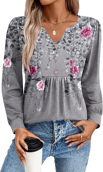 Zeagoo Long Sleeve Shirts for Women 2025 Casual Pleated V Neck Fall Tunic Tops Button Down Blouse Dressy Loose T-Shirts