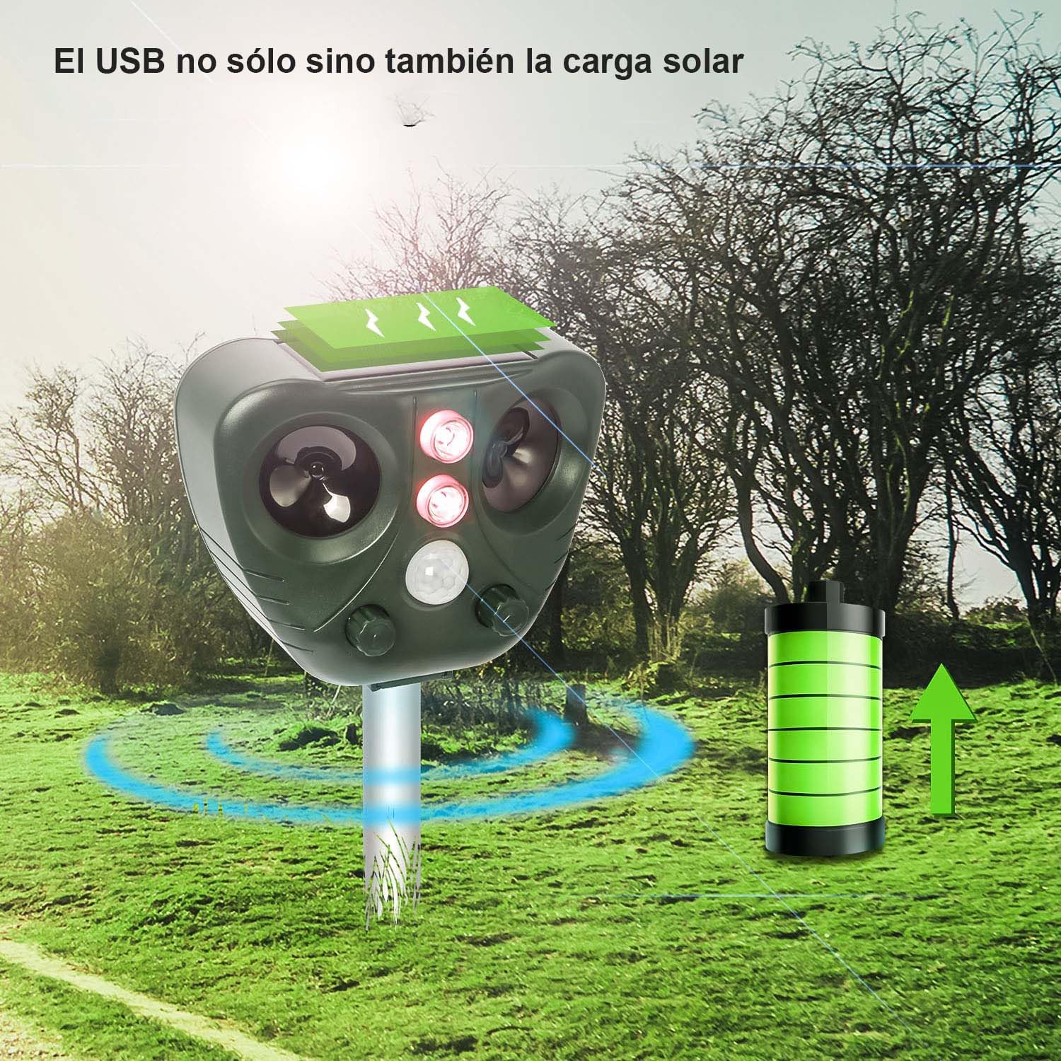 Repulsif Ultrason Chat, Repulsif Chat Exterieur Ultrason Etanche IP66, Rechargeable par énergie Solaire/USB, Empêche Les Chats, Les Chiens, Les Oiseaux, pour Le Jardin, Le Terrain...