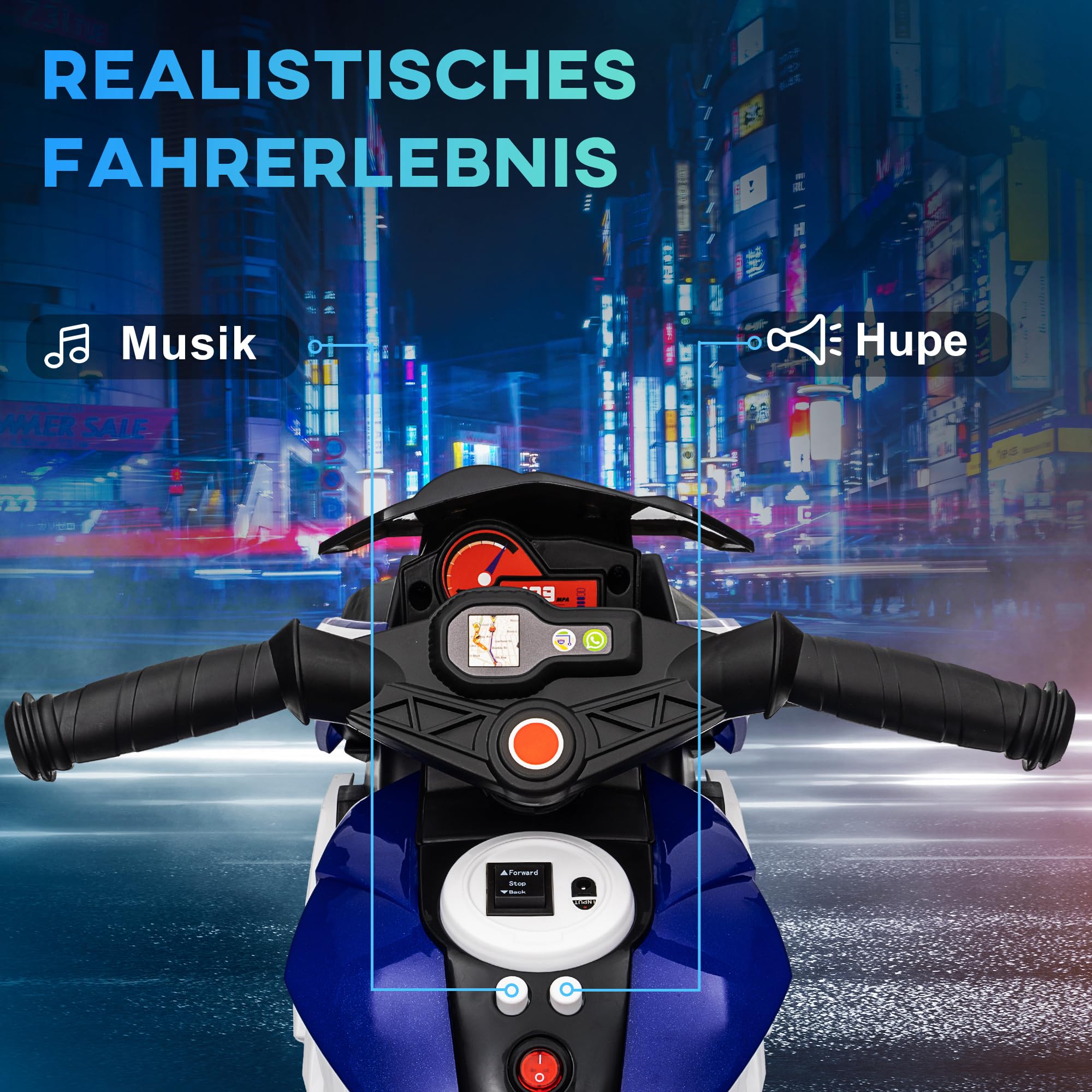 HOMCOM Elektryczny motocykl dziecięcy z muzyką 3-5 lat 3 km/h nieb+biał | Reflektor, elektryczny motocykl, motocykl dla dzieci, maks. 25 kg
