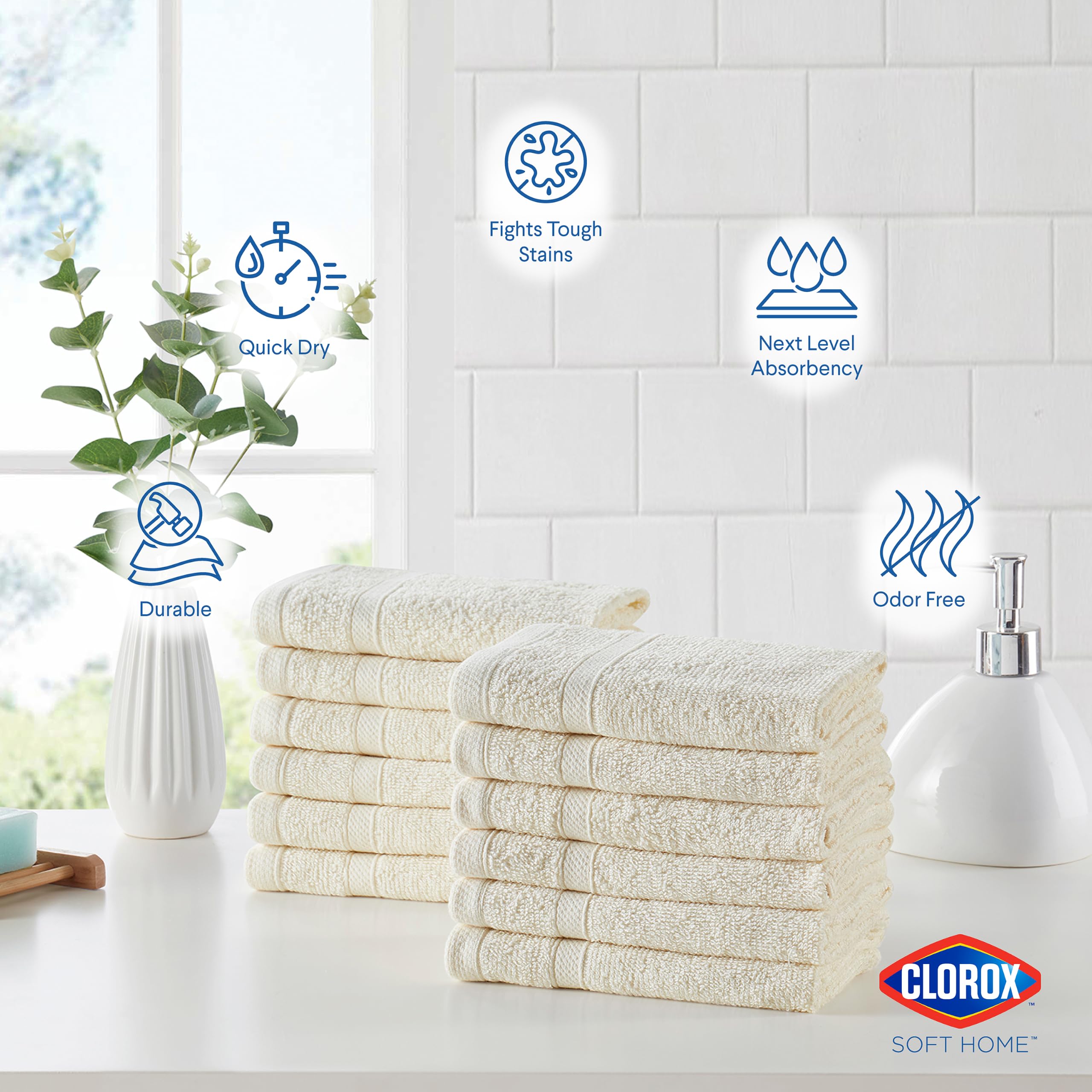 Clorox Gants de toilette 100 % coton faciles à laver - Compatibles avec l'eau de Javel - Séchage rapide - 30,5 x 30,5 cm - Très absorbants, doux, légers, parfaits pour un usage quotidien, faciles à