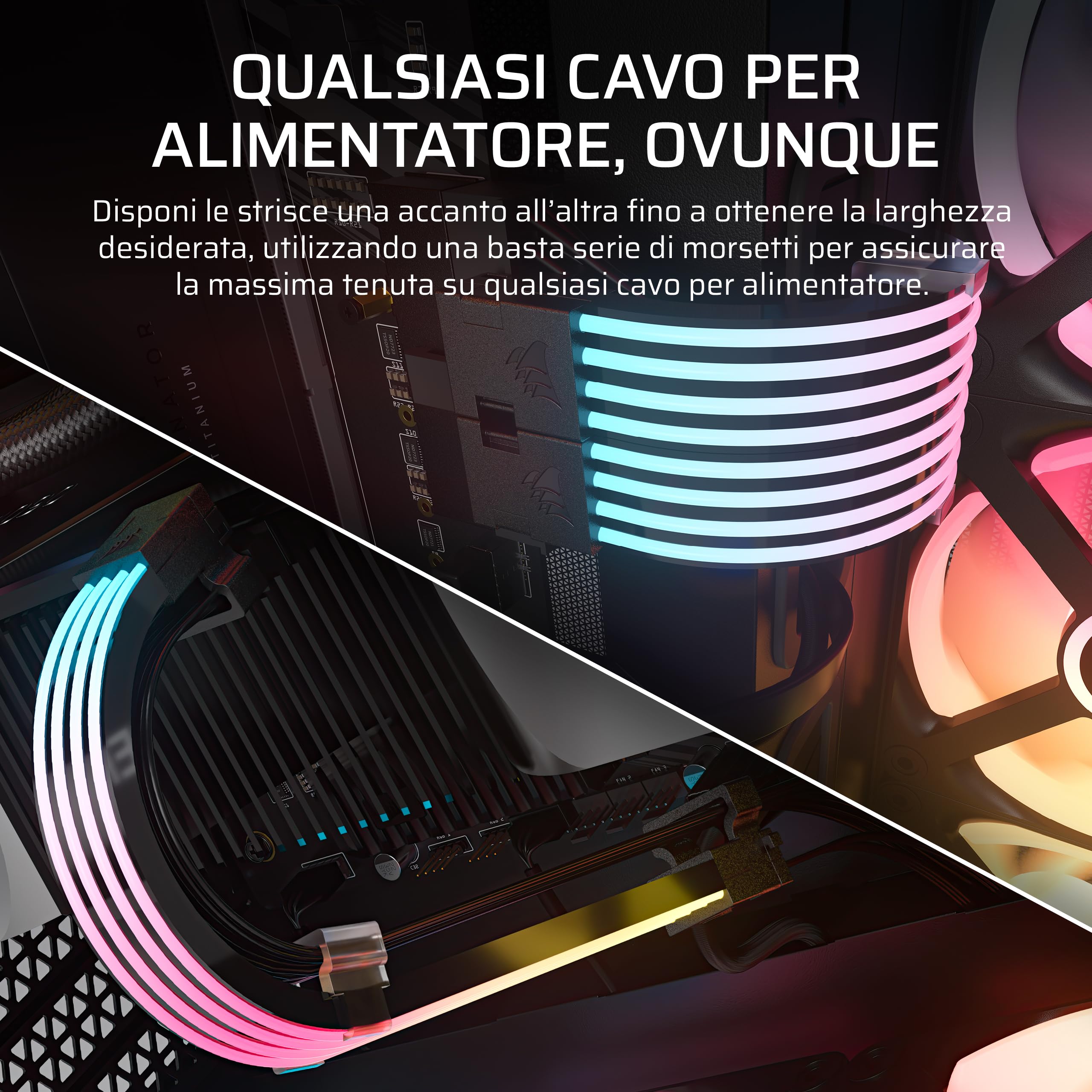 CORSAIR iCUE ARGB PSU Strisce di Cavo – 2x 200mm Strisce LED – 100 LED RGB per Striscia – Adatto a Qualsiasi Cavo Dell'Alimentatore – Controllo ARGB a 5 V Della Scheda Madre – Nero