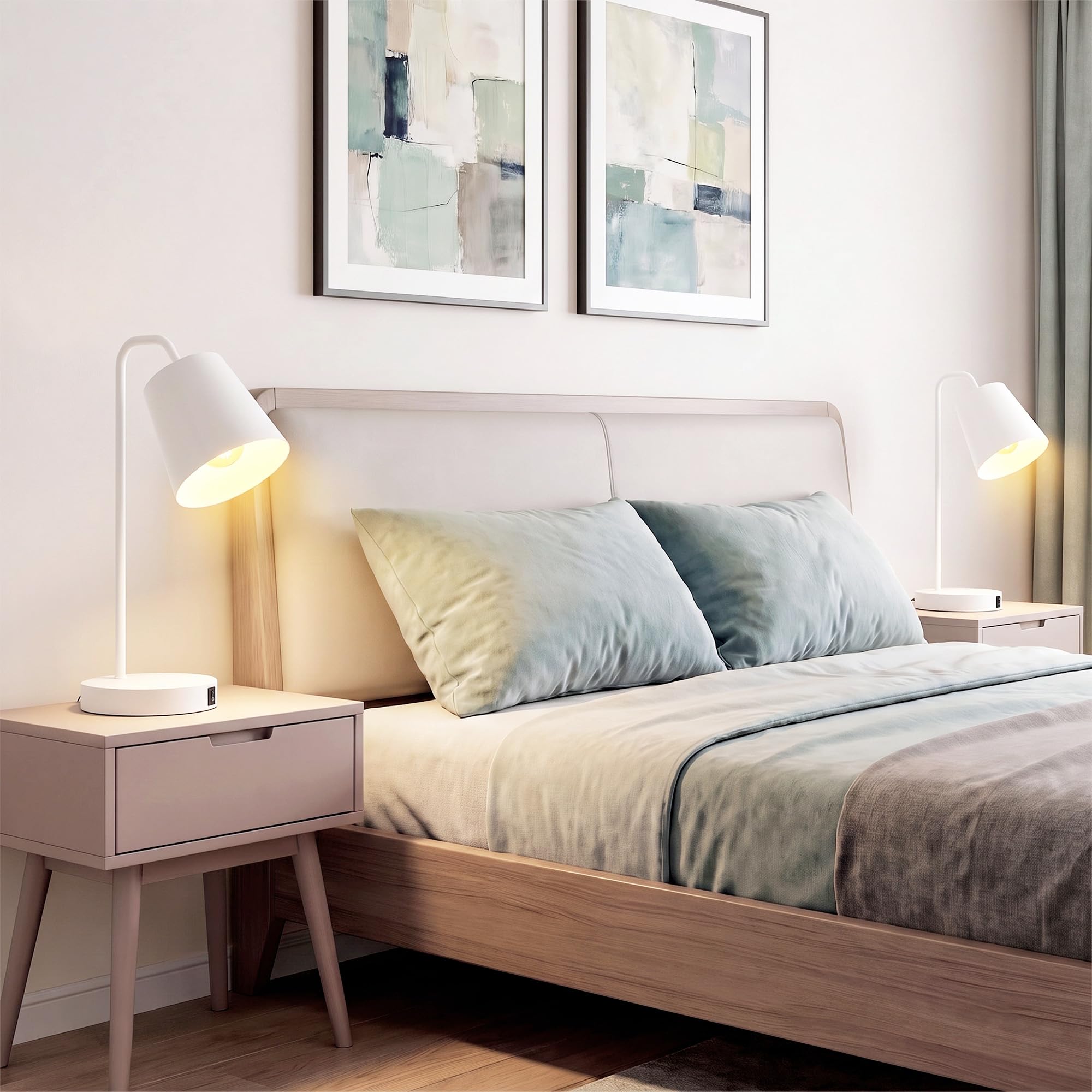 HOMCOM Set di 2 Lampade da Tavolo Moderne, Lampade da Scrivania in Acciaio con Porte USB, Attacco E27, Lampadina non Inclusa, per Salotto, Studio e Camera da Letto, Bianco