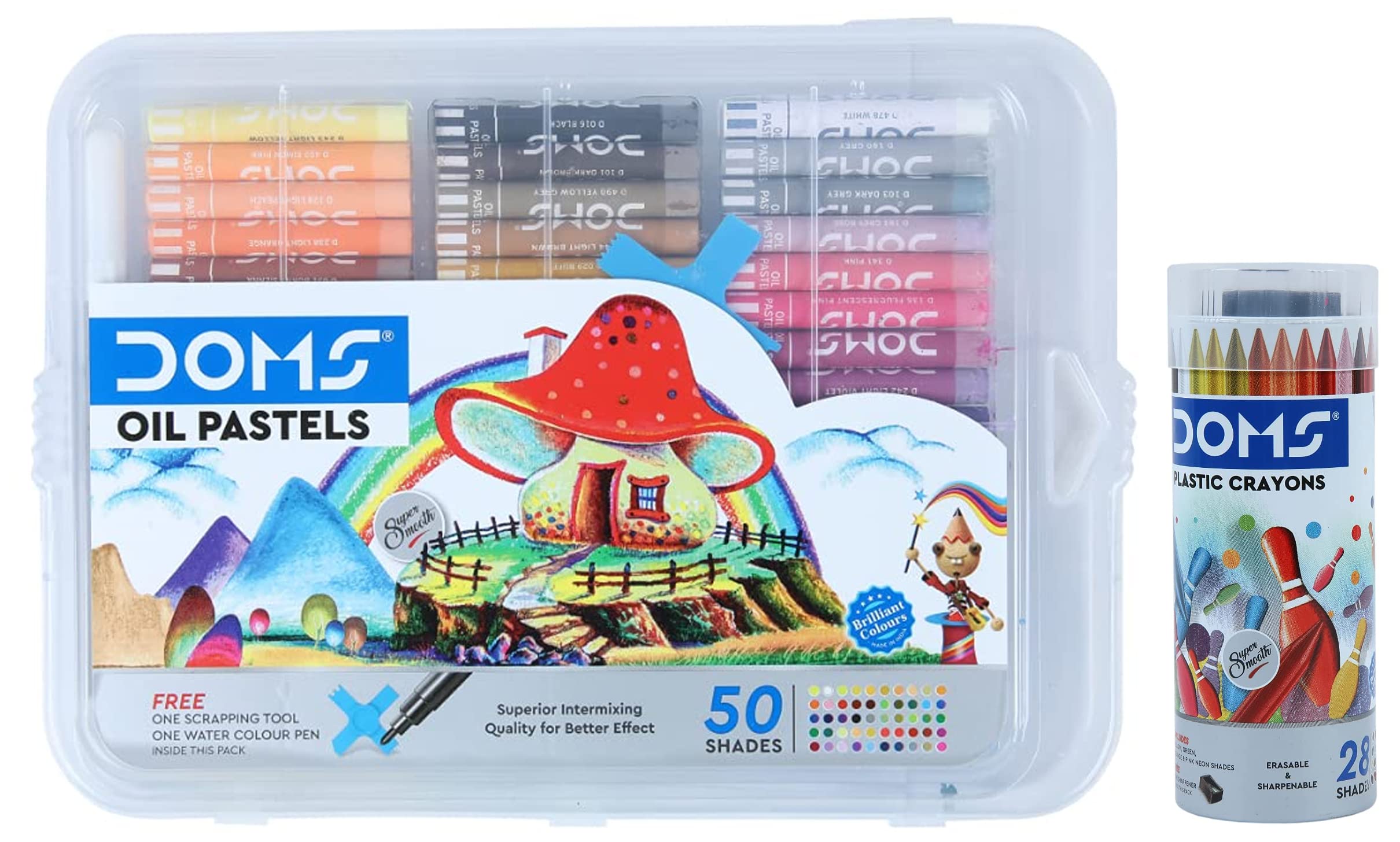 Doms Multicolor Oil Pastel 50 Shades Plastic Pack Plastic Crayon 28 Shades Round Tin