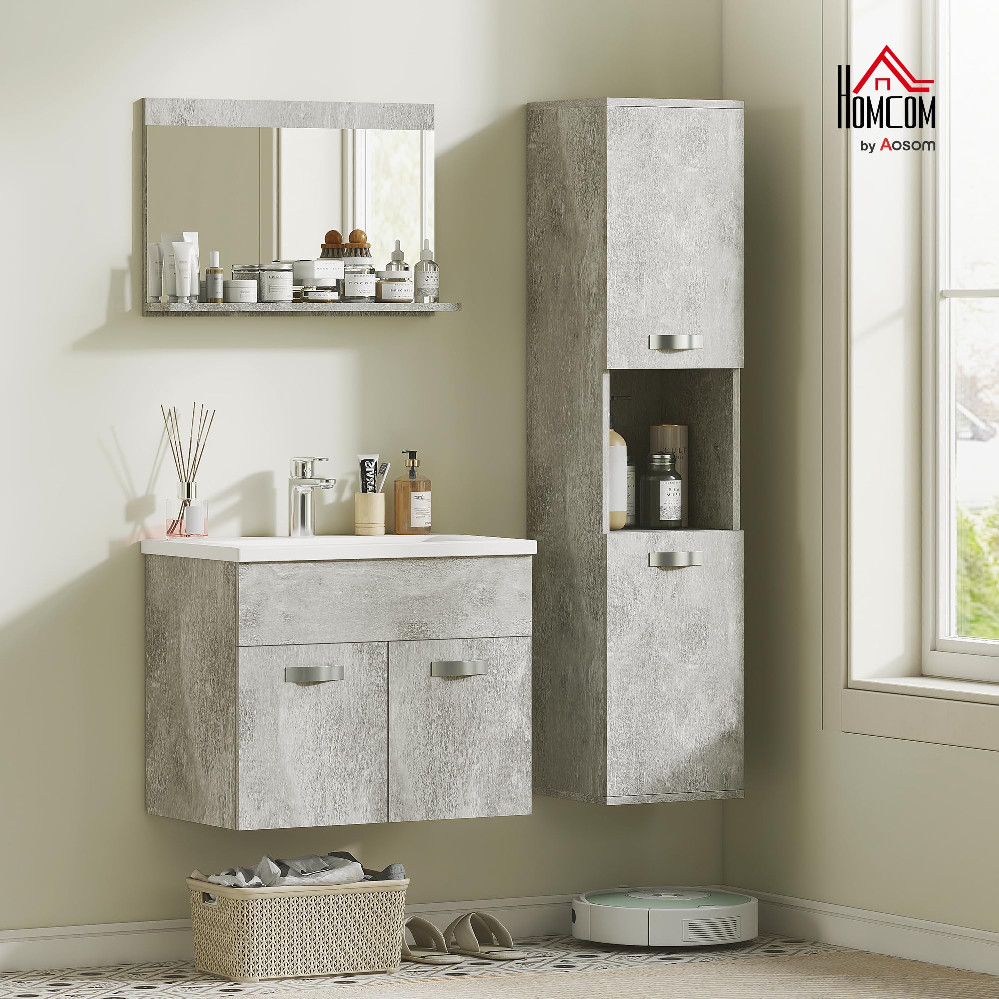 kleankin Ensemble de Meubles de Salle de Bain 4 pièces, Montage Mural, avec Miroir, Meuble sous Vasque, lavabo en céramique et Armoire Colonne Haute, étagères réglables, Style Moderne, Gris