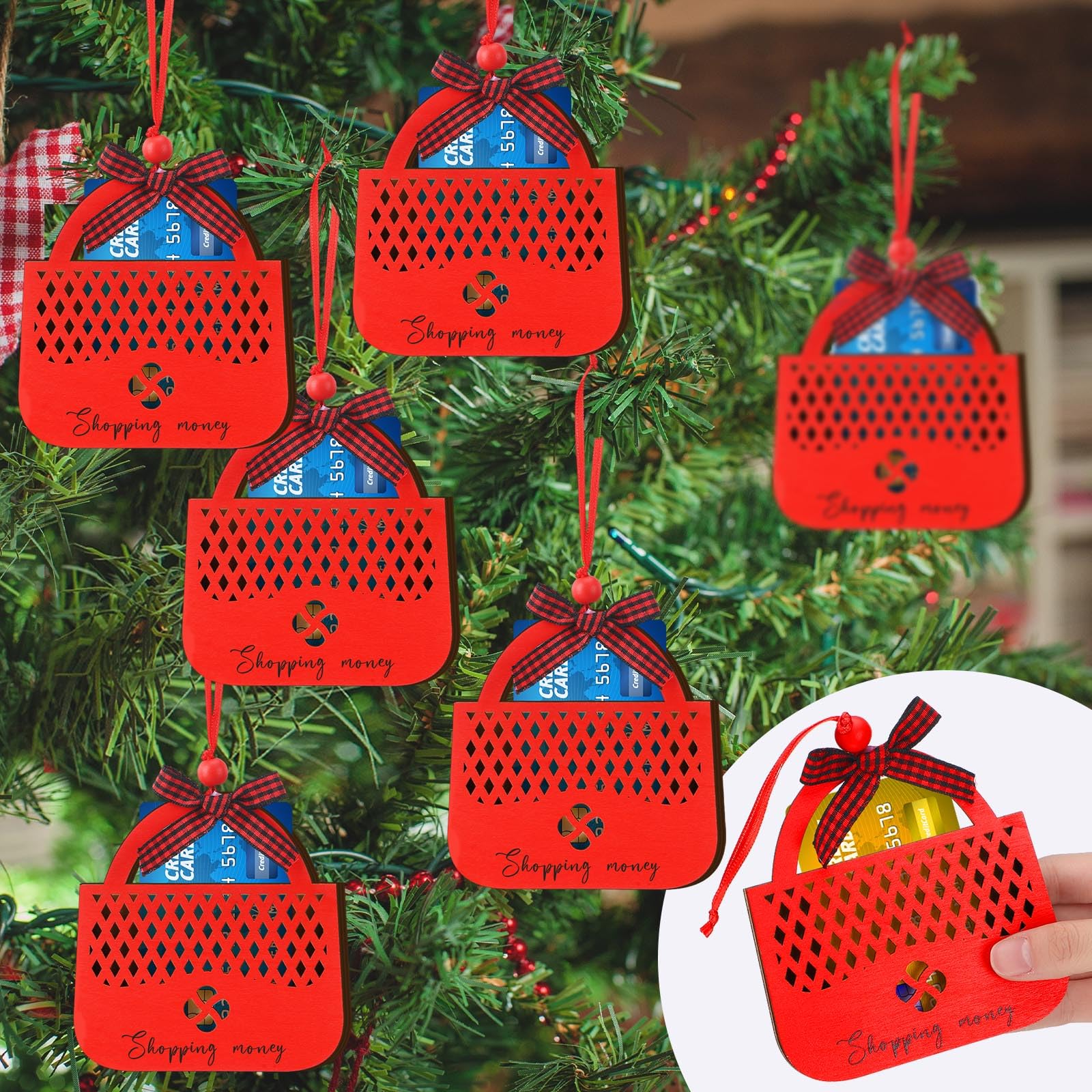 Kigley 6 Pcs Christmas Red Shopping Gift Card Holder Fun Wallet Decorations Wooden Money Holder Ornament Christmas Shopping Money Gift Card Cash