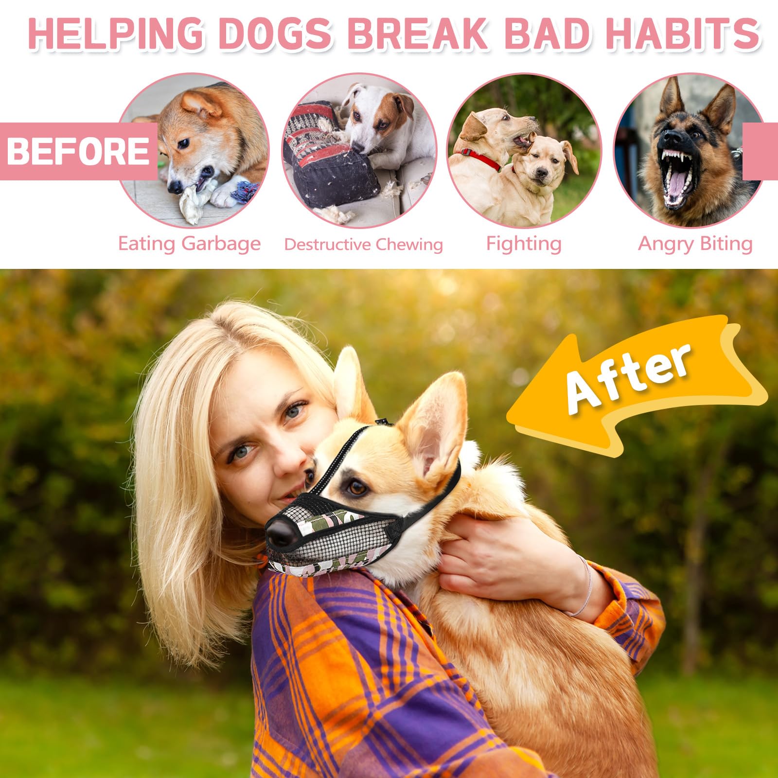 Soft Mesh Dog Muzzle with Reflective Adjustable Strap, Lightweight Muzzle for Large Medium Small Dogs, Prevents Biting Chewing Licking, Open Nose Design for Comfort (Pink, S)