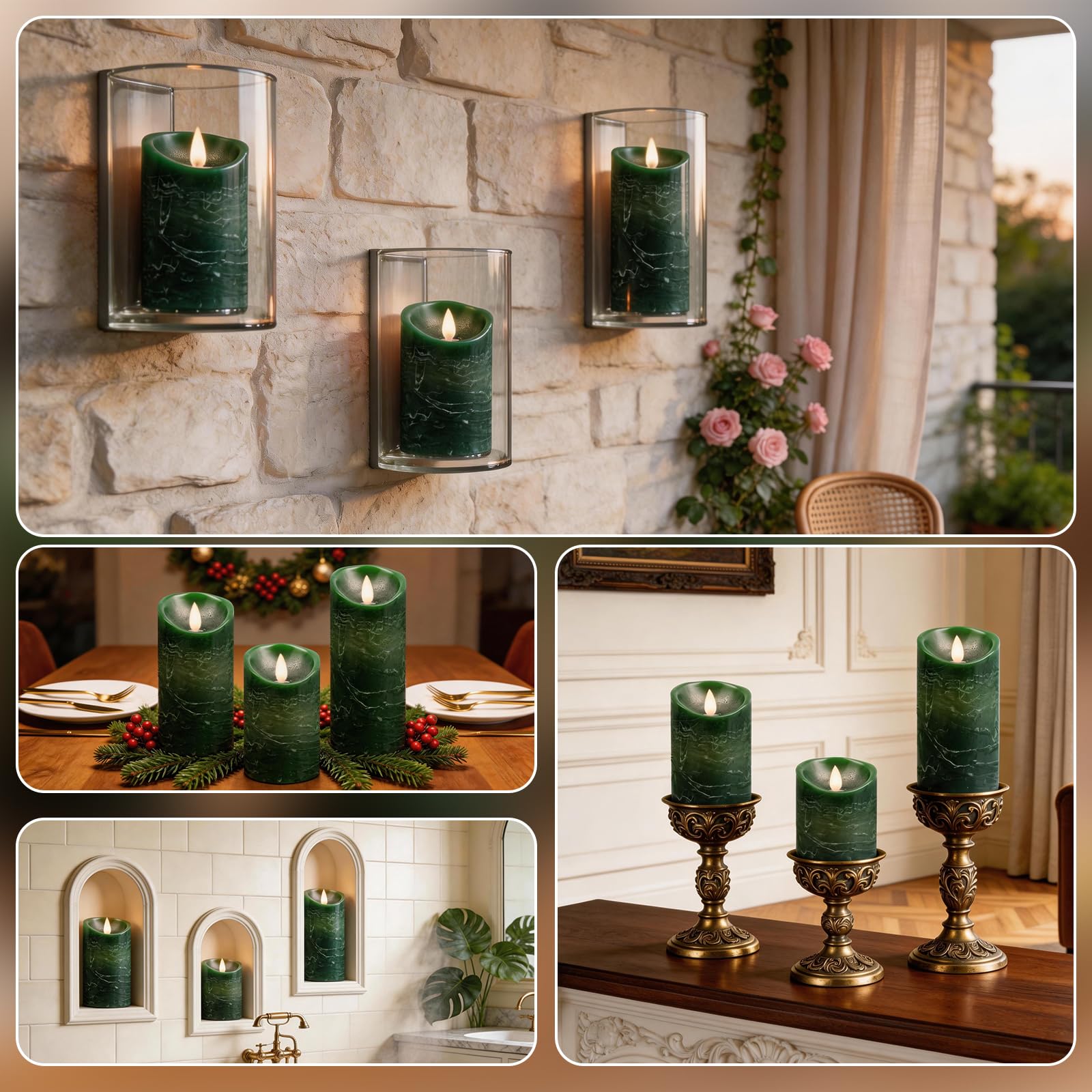 Candele LED Ricaricabili [3 pezzi] Candele a Pilastro Elettriche a LED Senza Fiamma, Tremolanti con Timer Remoto, Candele LED per Matrimonio Festa Halloween Natale Decorazione Della Verde