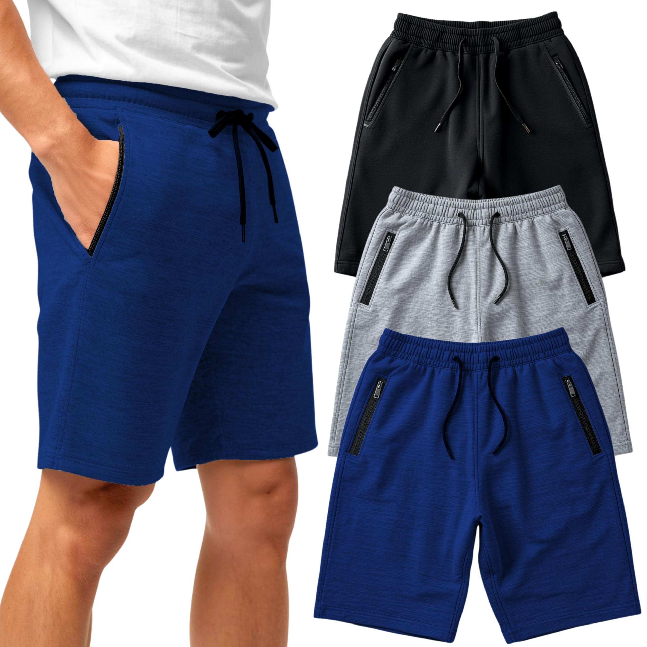BROOKLYN VERTICAL Mens 3 Pack Fleece Cotton Active Jogger Shorts with Zipper Pockets and Drawstring | Size S-2XL