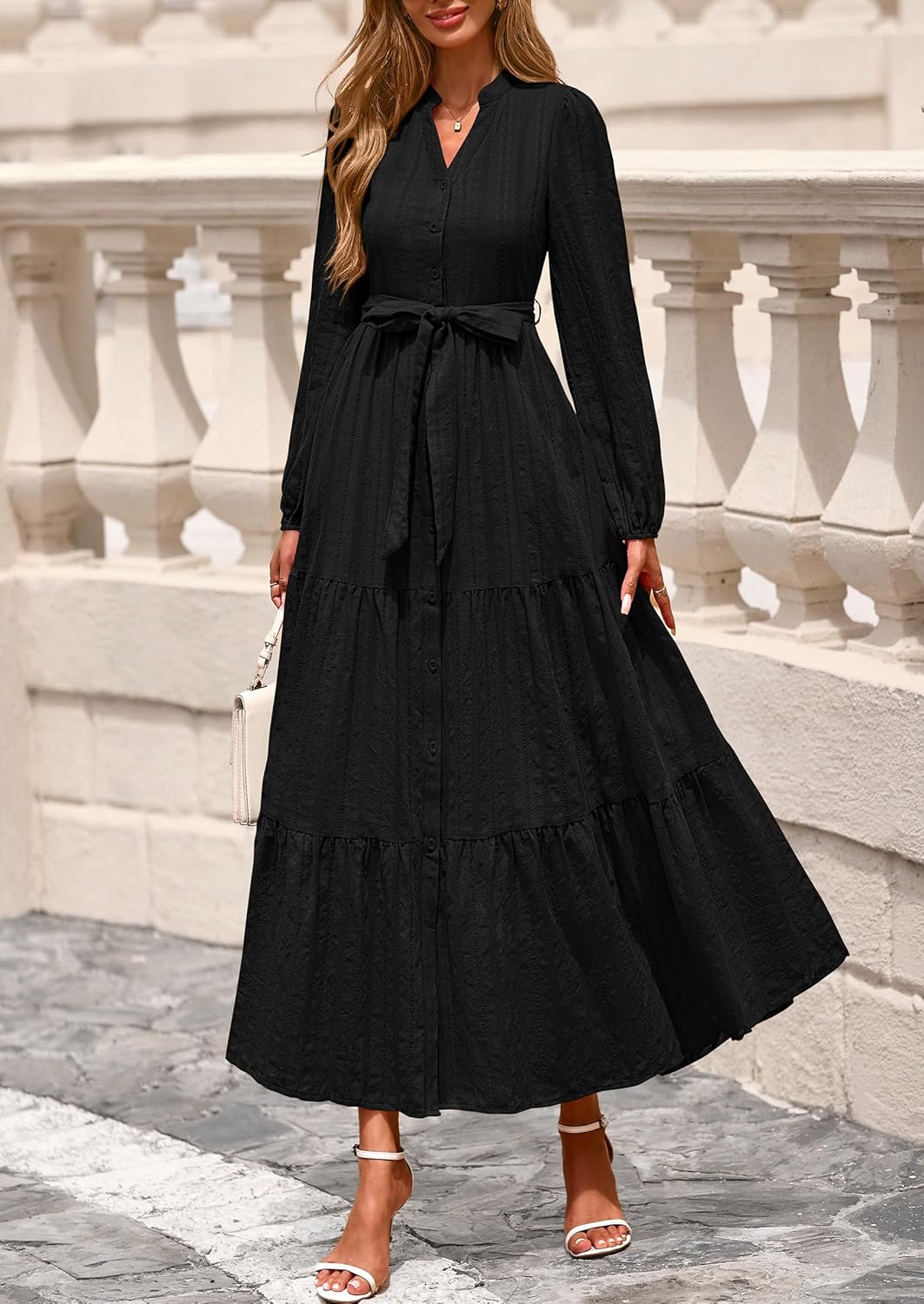 PRETTYGARDEN Womens V Neck Long Sleeve Maxi Dresses 2026 Spring Casual Button A Line Flowy Formal Wedding Guest Cotton Dress - Image 6