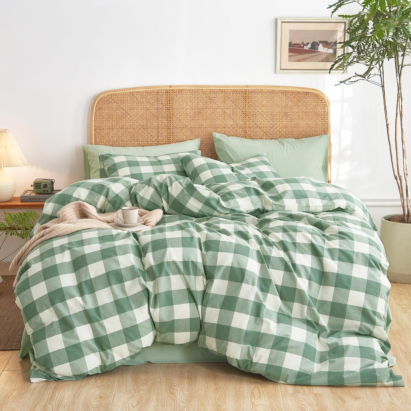 Wake In Cloud - Gingham Cotton Duvet Cover Set, Plaid Buffalo Check Checkered Farmhouse, 100% Washed Cotton Textured Percale Bedding Set, 3 Pieces,