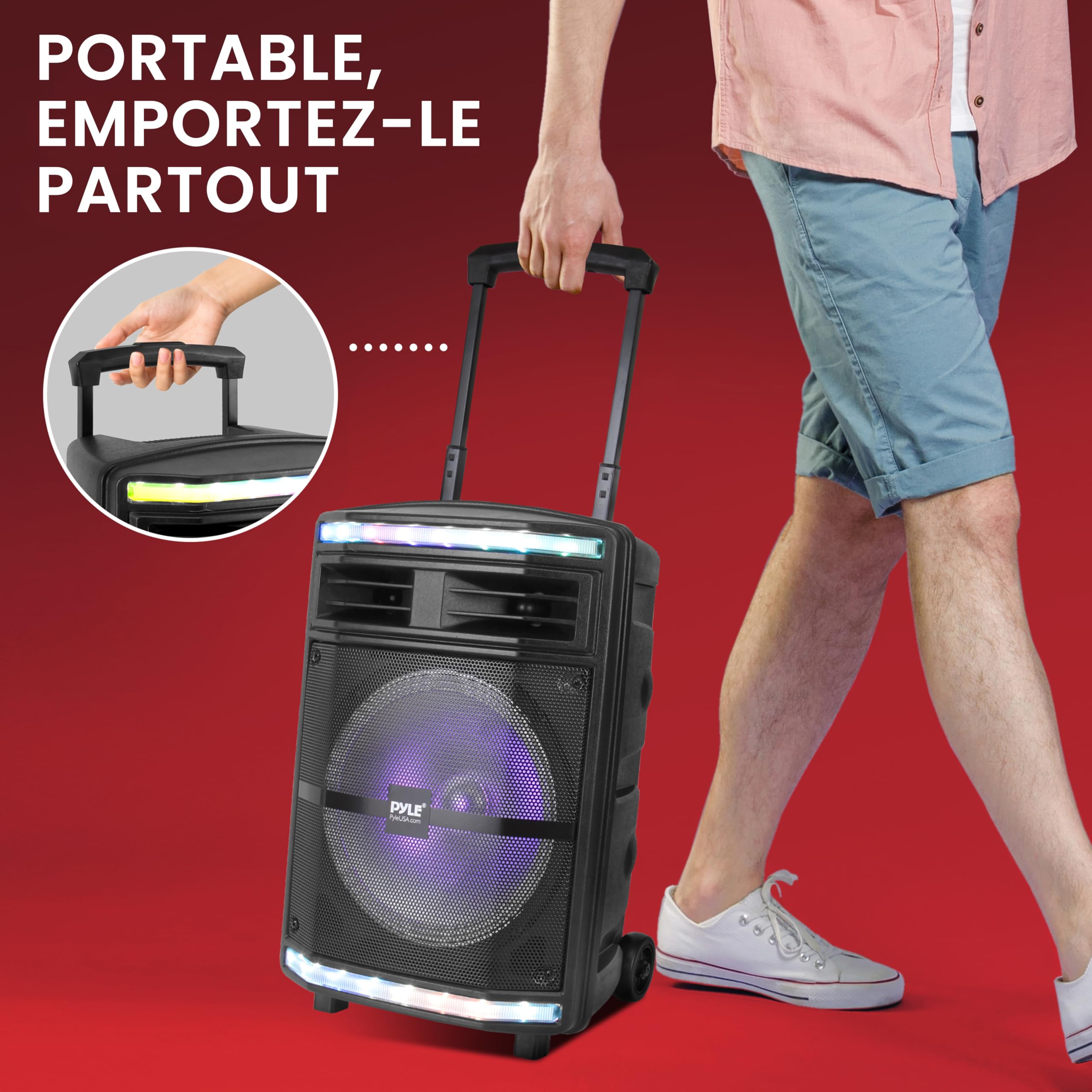 Pyle Enceinte Bluetooth Puissante-600 W, Enceinte Sono Portable, sans Fil, Eclairage LED et avec Roues, SD/USB/AUX, Karaoke Adulte, Noir