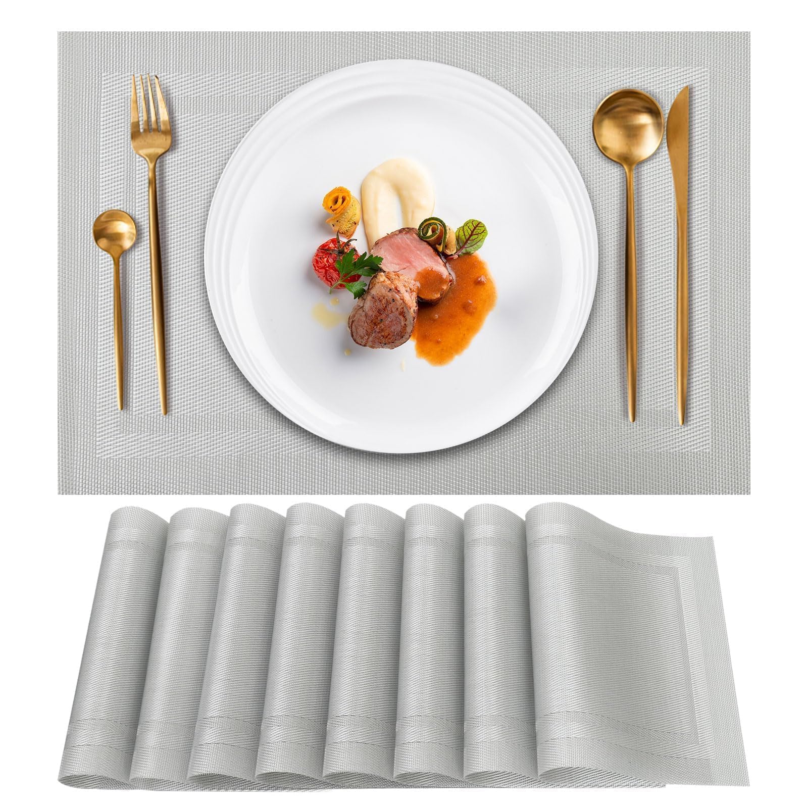 Gucass 8er Set Tischsets Abwaschbar, PVC Platzsets Abwischbar Platzdeckchen, Placemats Abgrifffeste Hitzebeständig rutschfest, Tischmatten für Küche Restaurant Speisetisch, 45x30cm(Silber)