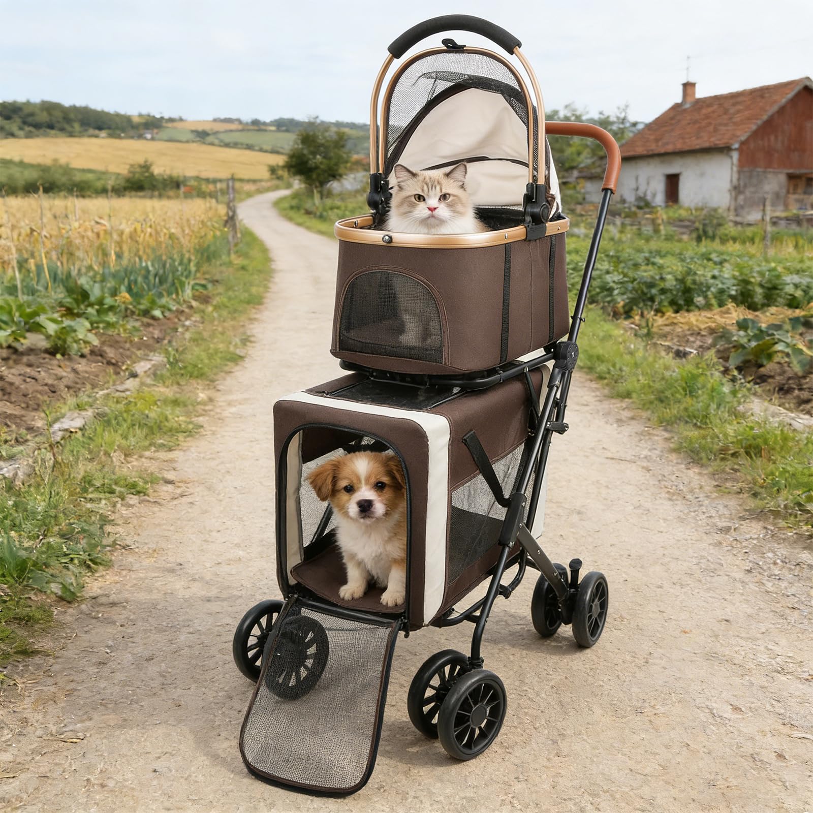 Faltbarer Transportwagen für zwei Tiere bis zu 15 kg pro Tier Transportbox Transporttasche Hundekäfig 4 stoßdämpfende Räder (Braun)