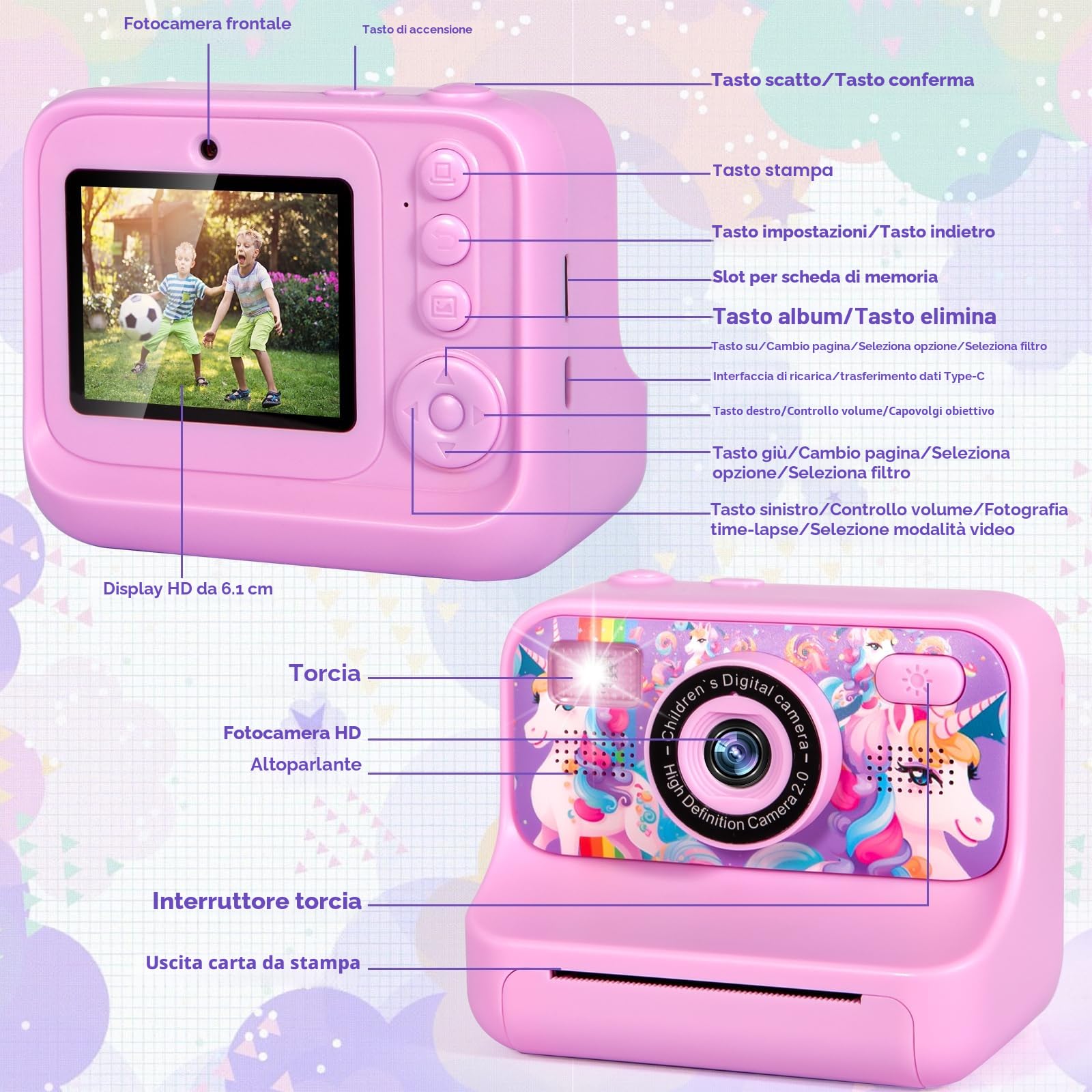 Macchina Fotografica Bambini Istantanea, Fotocamera Istantanea 2.4" 1080P Fotocamera Bambini con 32GB Schede e Carta da Stampa, Modalità Selfie e Video,Regali per Ragazzi Ragazze da 3-12 Anni
