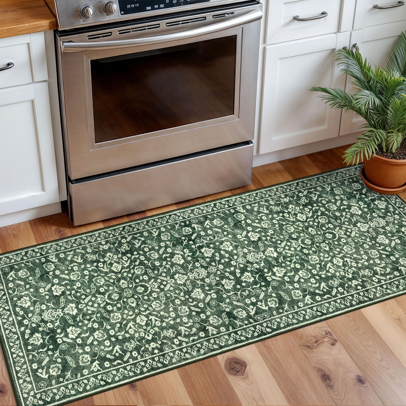 SILOLOOM Vintage Washable 2x5 Rug Runner, Forest Green Runners for hallways, Super Soft Kitchen Runner Rug Non Slip, Print Faux Wool Floral Thin Carpet Runner for Entryway Indoor Bedroom โ image 1