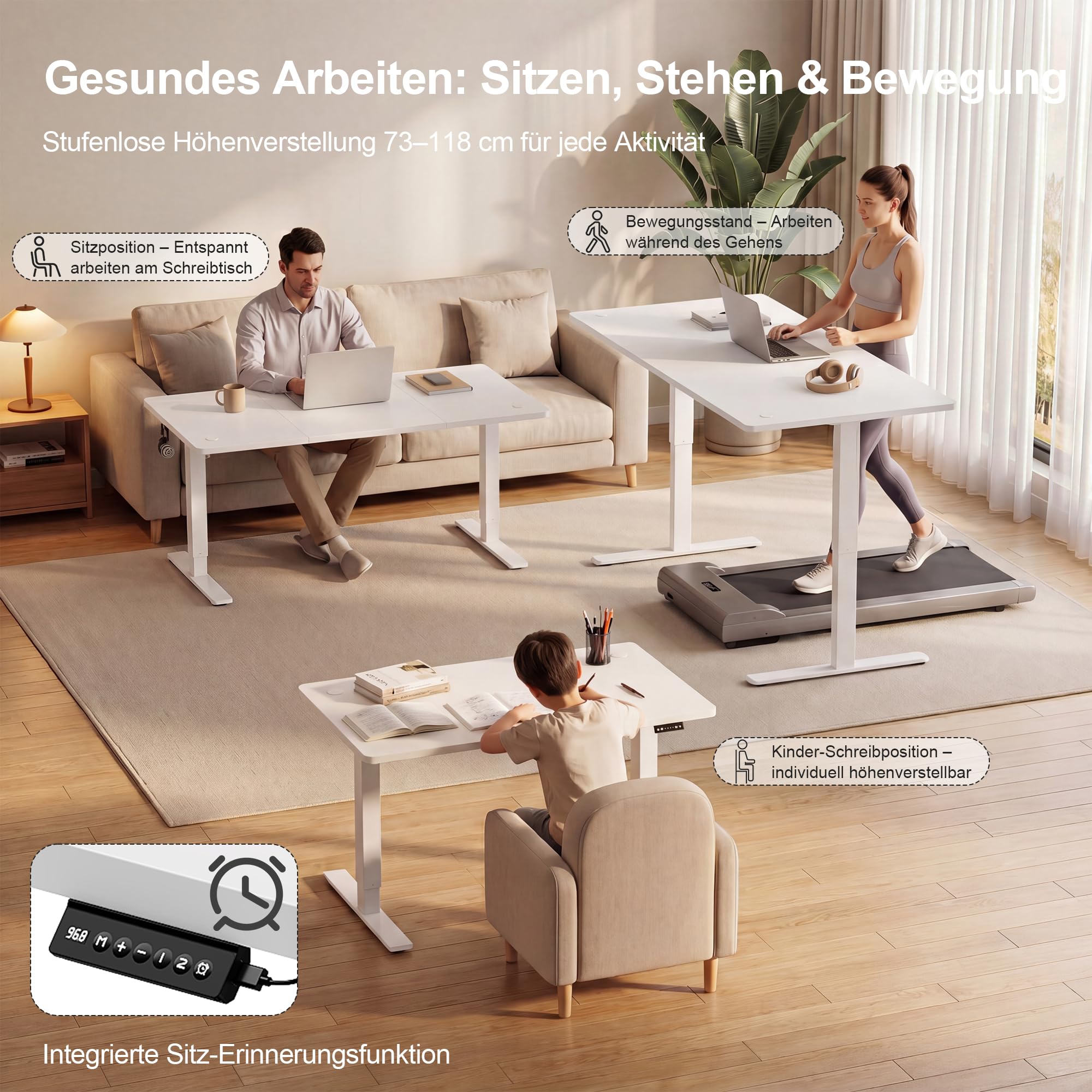 JUMMICO 160x70cm Höhenverstellbarer Schreibtisch, USB-Anschluss, 2 Höhen Memory-Funktion, Anti-Kollisions, Erinnerungsfunktion