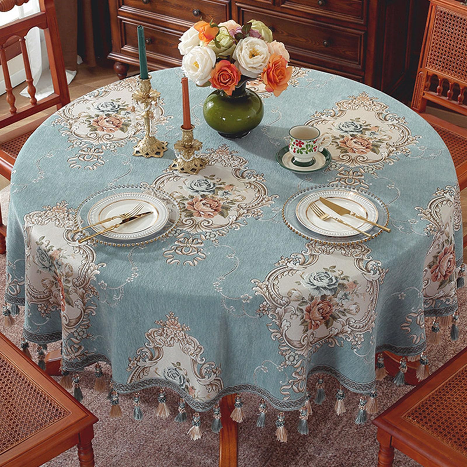 Okrągły obrus 120 cm europejski styl retro z frędzlami tkany brzeg idealny na wesela bankiety spotkania 140 cm elegancki design trwała tkanina