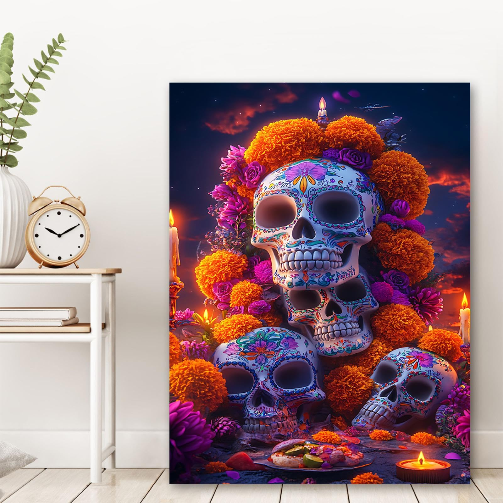 YUNART Dzień zmarłych ułożone czaszki cukru płótno sztuka ścienna plakaty nagietki i świece zdjęcia na ścianę do galerii dekoracji baru 35 x 52 cm rama wewnętrzna
